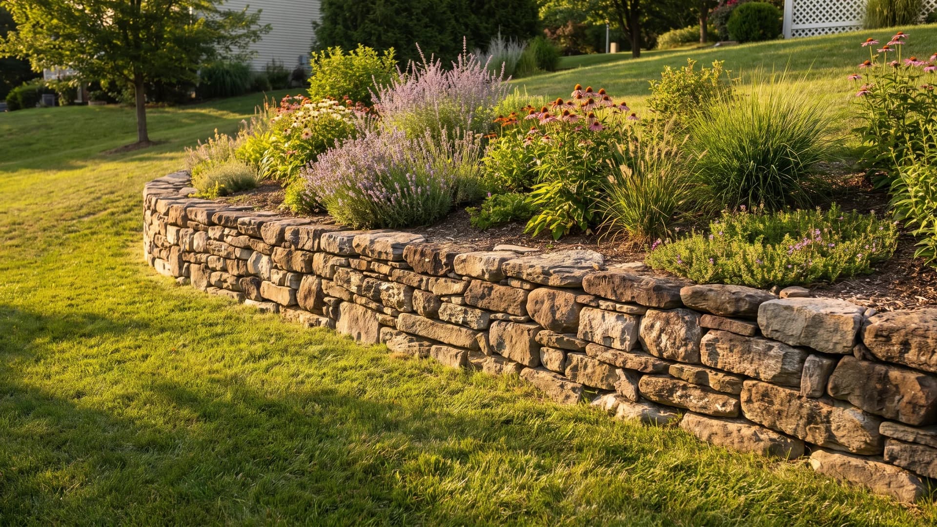 Low dry stacked rock retaining wall holding a garden terrace