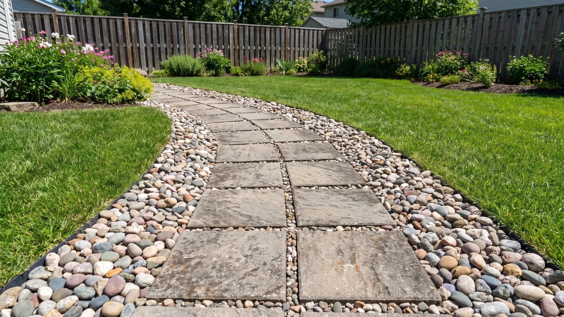 Square pavers with river rock border forming a modern walkway