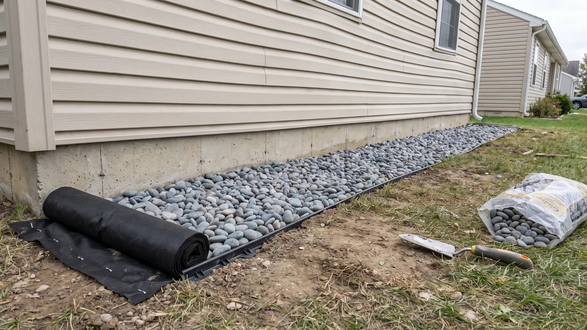 Narrow pebble strip running along a house wall