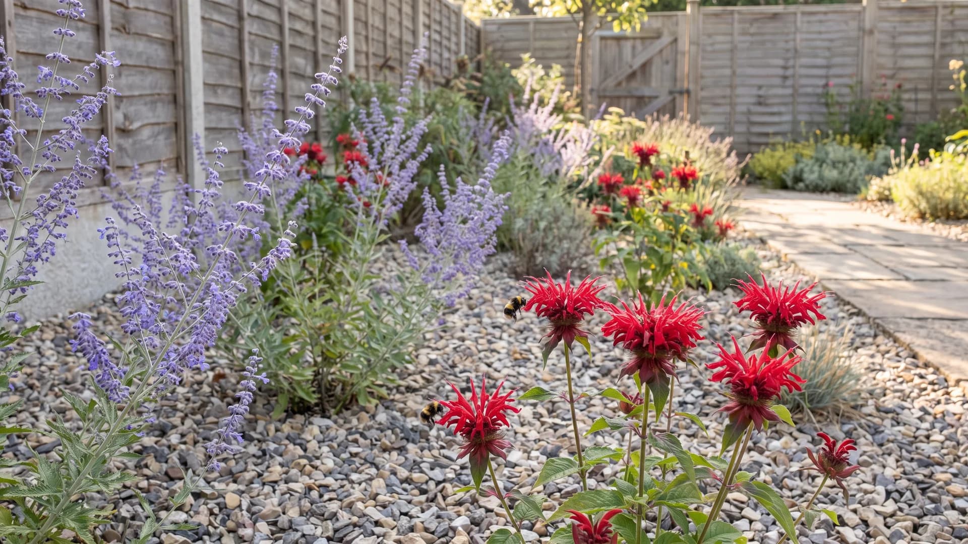 Russian sage and bee balm blooming in a gravel garden bed