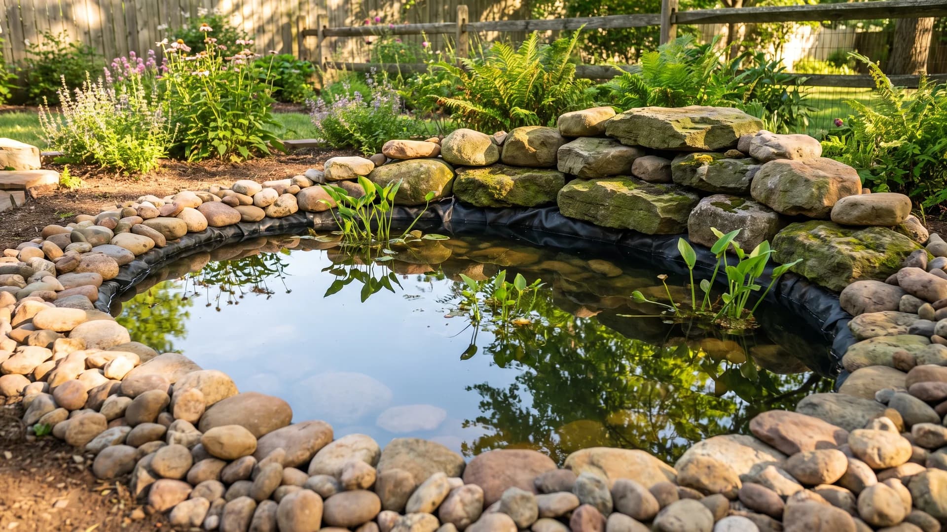 River rock edging a small backyard pond