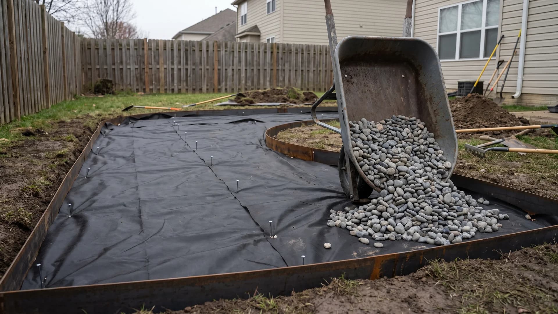 Landscape fabric and edging being installed before rock placement