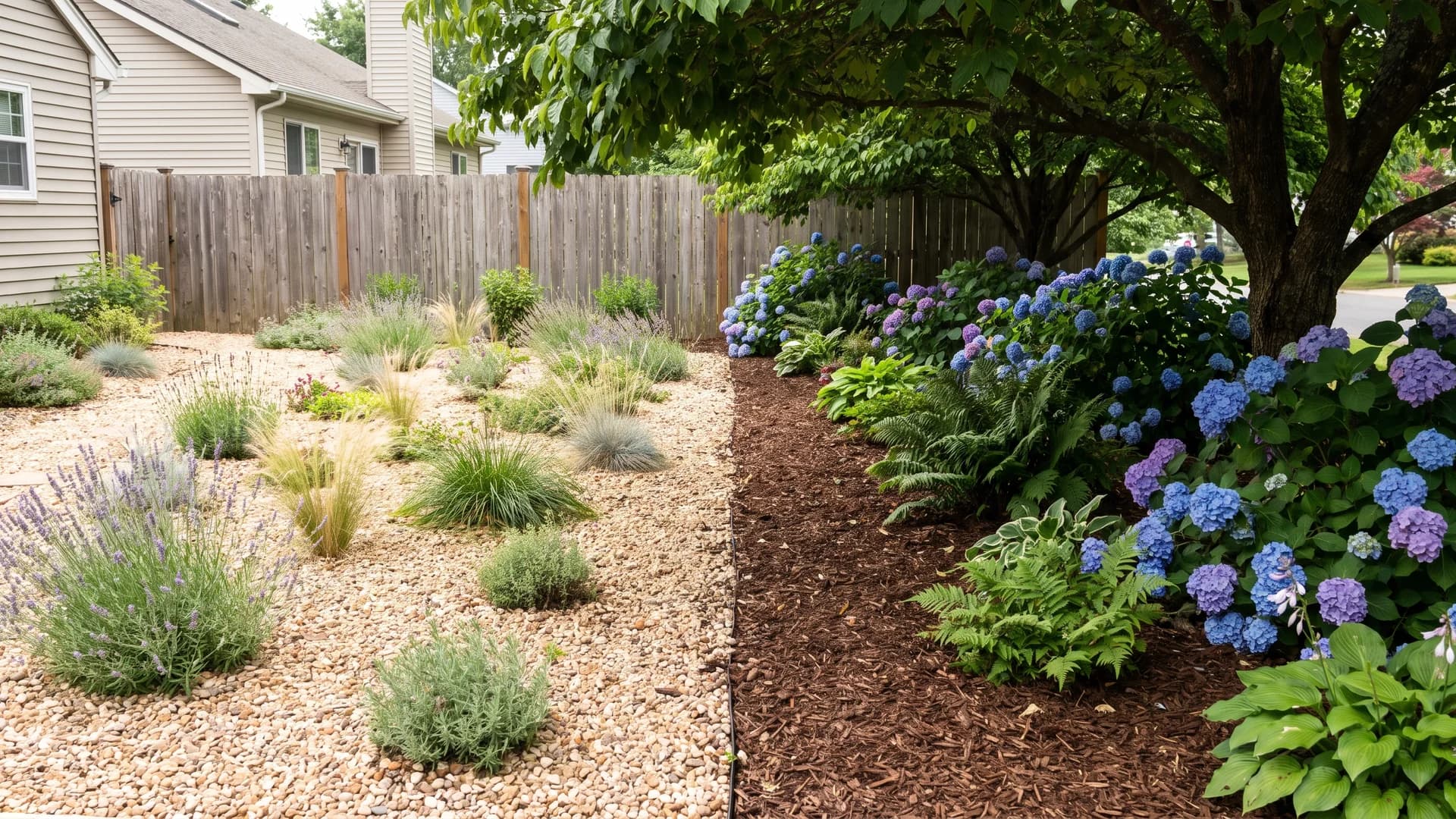 Shaded planting bed with mulch beside a sunny rock bed showing the right material in each place