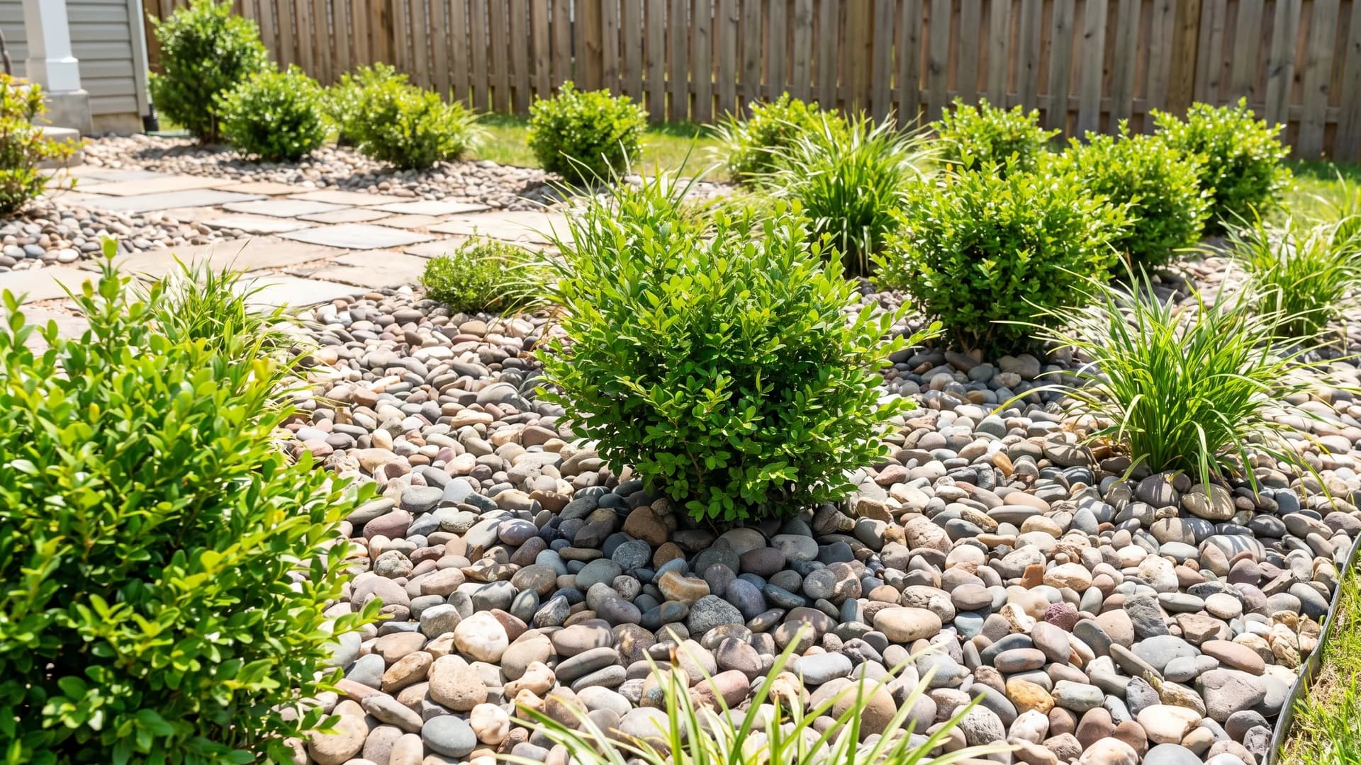 River rock mulch bed with shrubs replacing wood mulch
