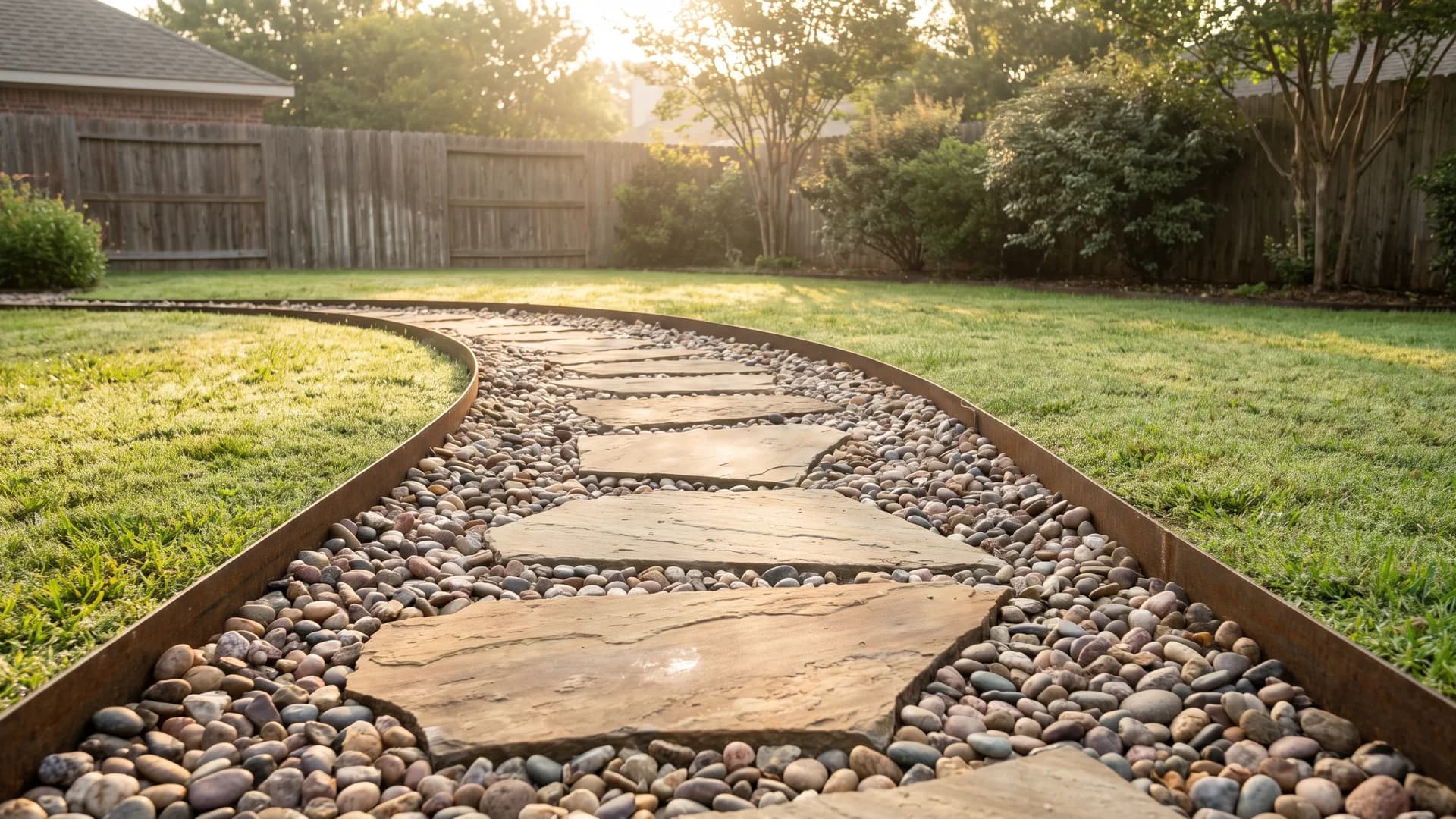 Rock landscaping ideas with a river rock path and flagstone steppers crossing a backyard