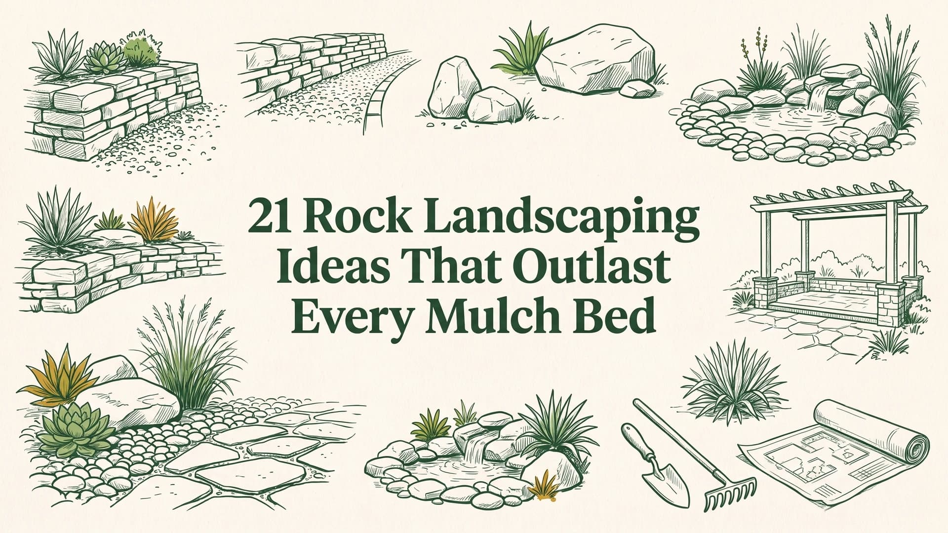 Rock landscaping ideas with river rock beds, a gravel path, and boulder accents in a backyard