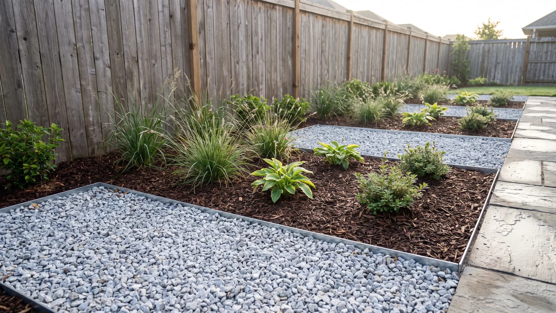 Alternating dark mulch and light rock beds along a house