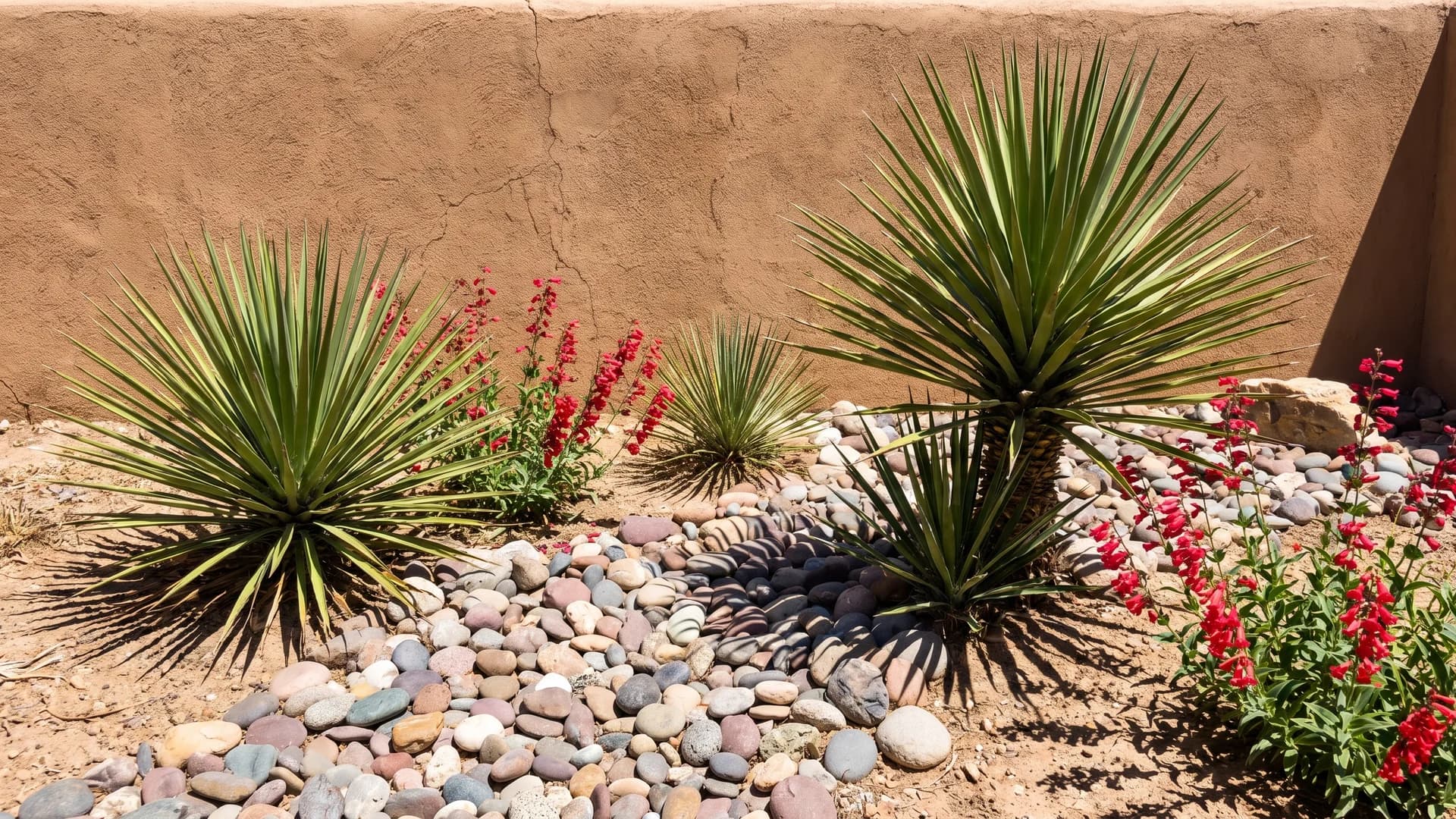 Yucca and agave in a bed of rounded rock in a southwestern yard