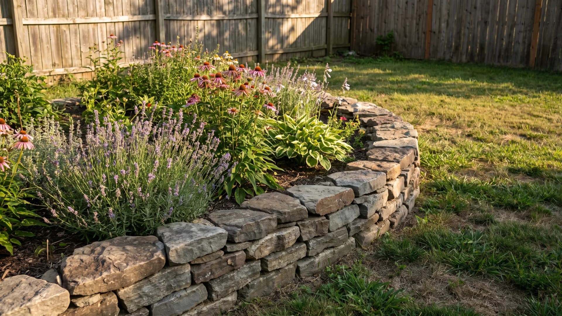 Low stacked stone border edging a garden bed