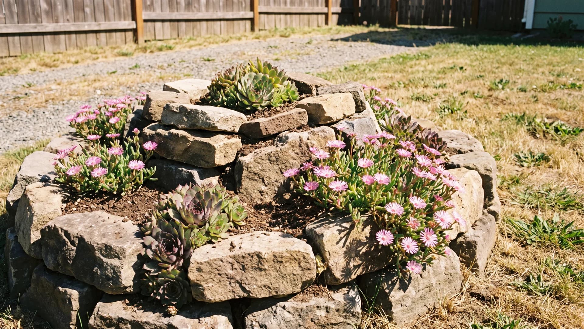 Rock garden mound with hens and chicks and ice plant among stones