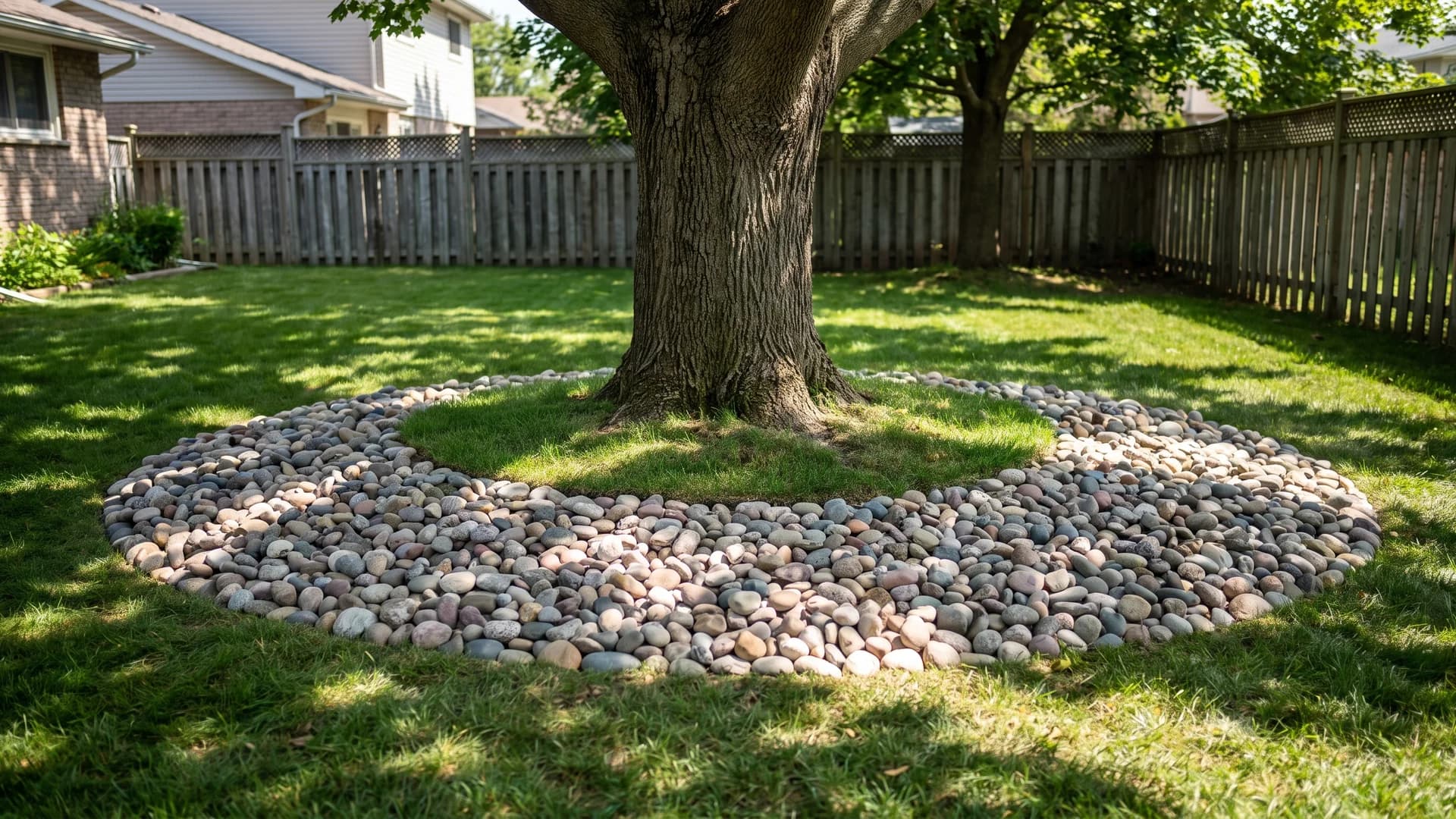 Wide shallow river rock ring around a mature tree base