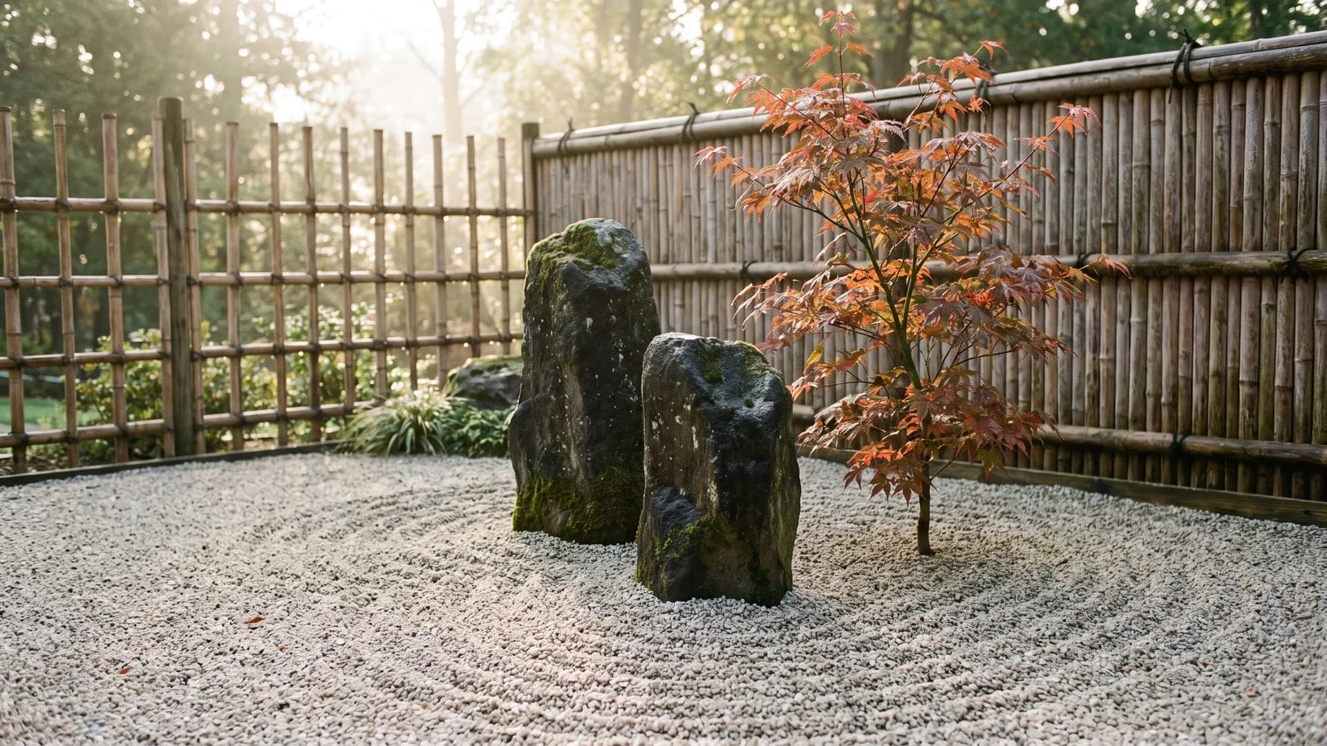 Small zen garden corner with raked gravel, one boulder, and a Japanese maple