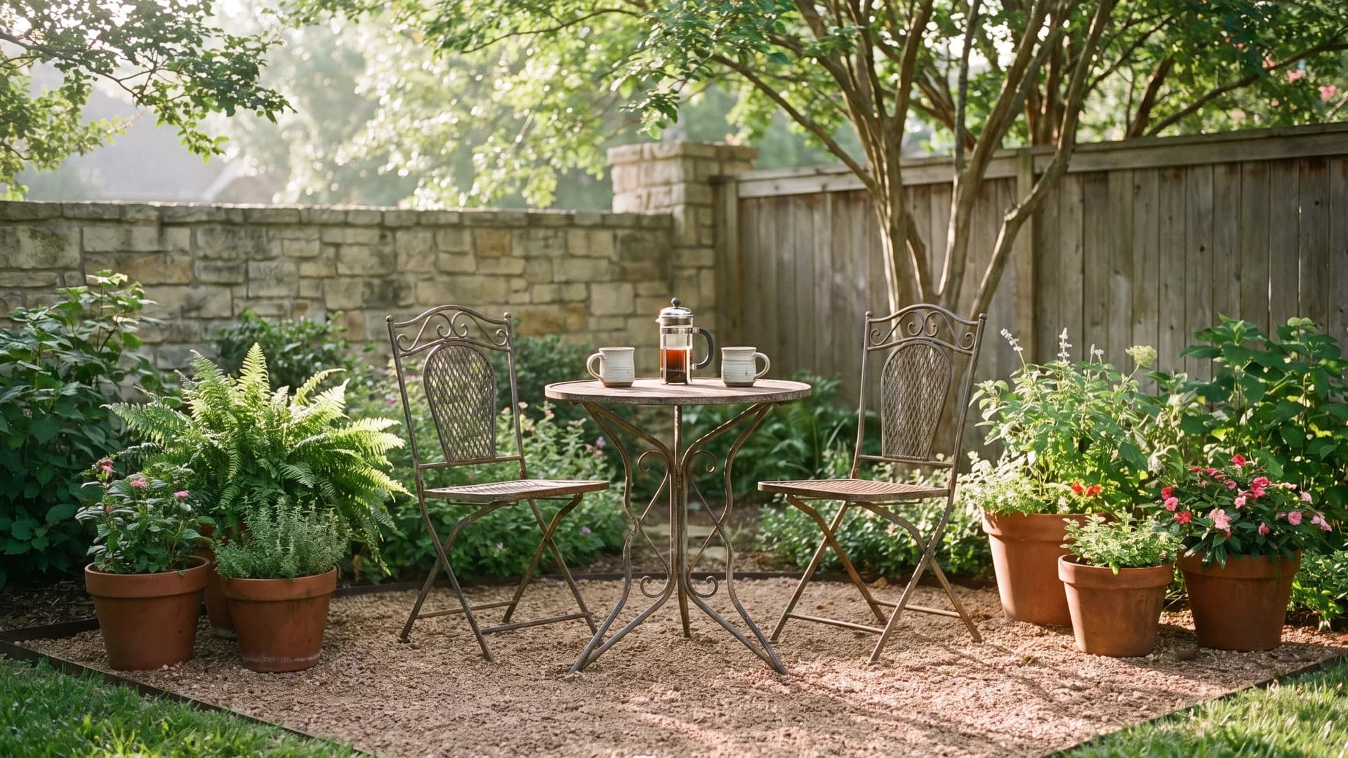 Small bistro table and two chairs in a widened corner of a side yard