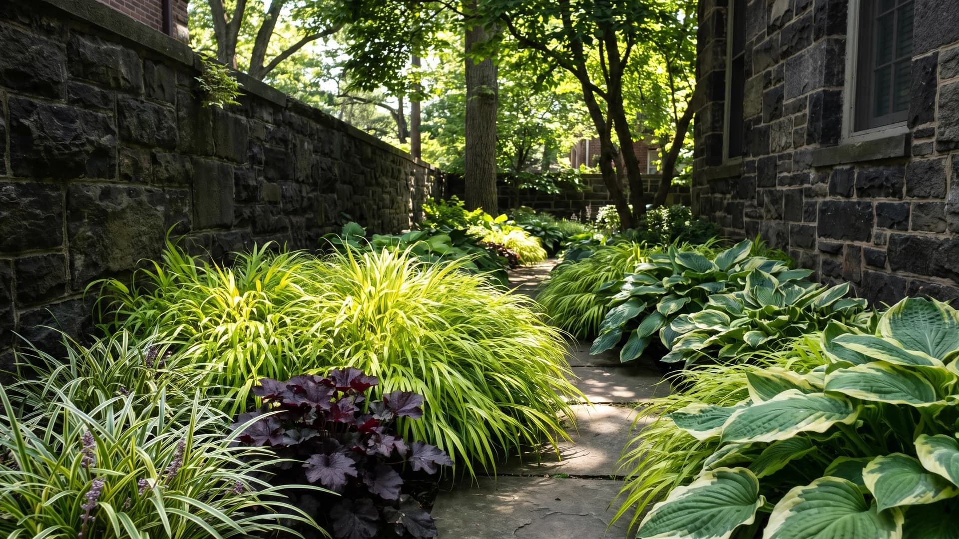 Bright chartreuse and variegated shade plants glowing in a dark narrow side yard