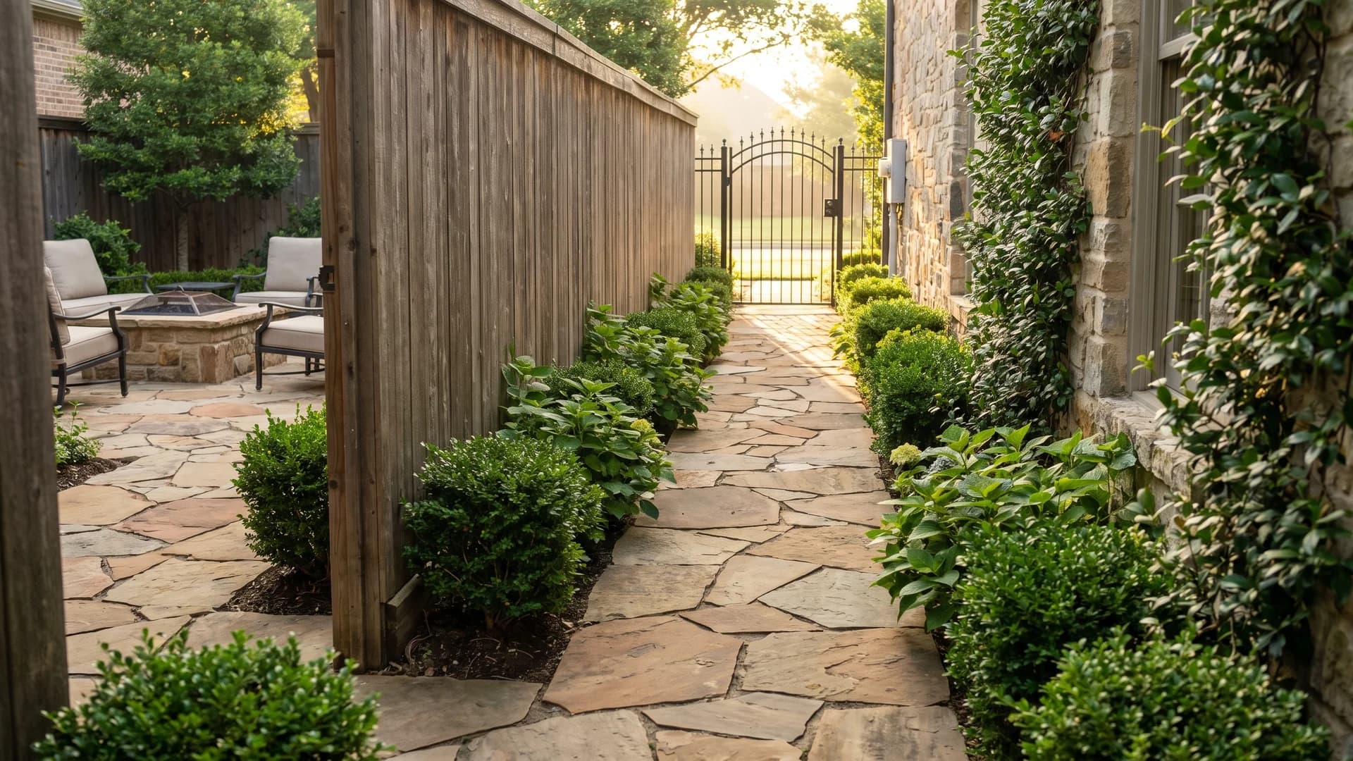 Side yard using the same paving and plants as the front and back yards it connects