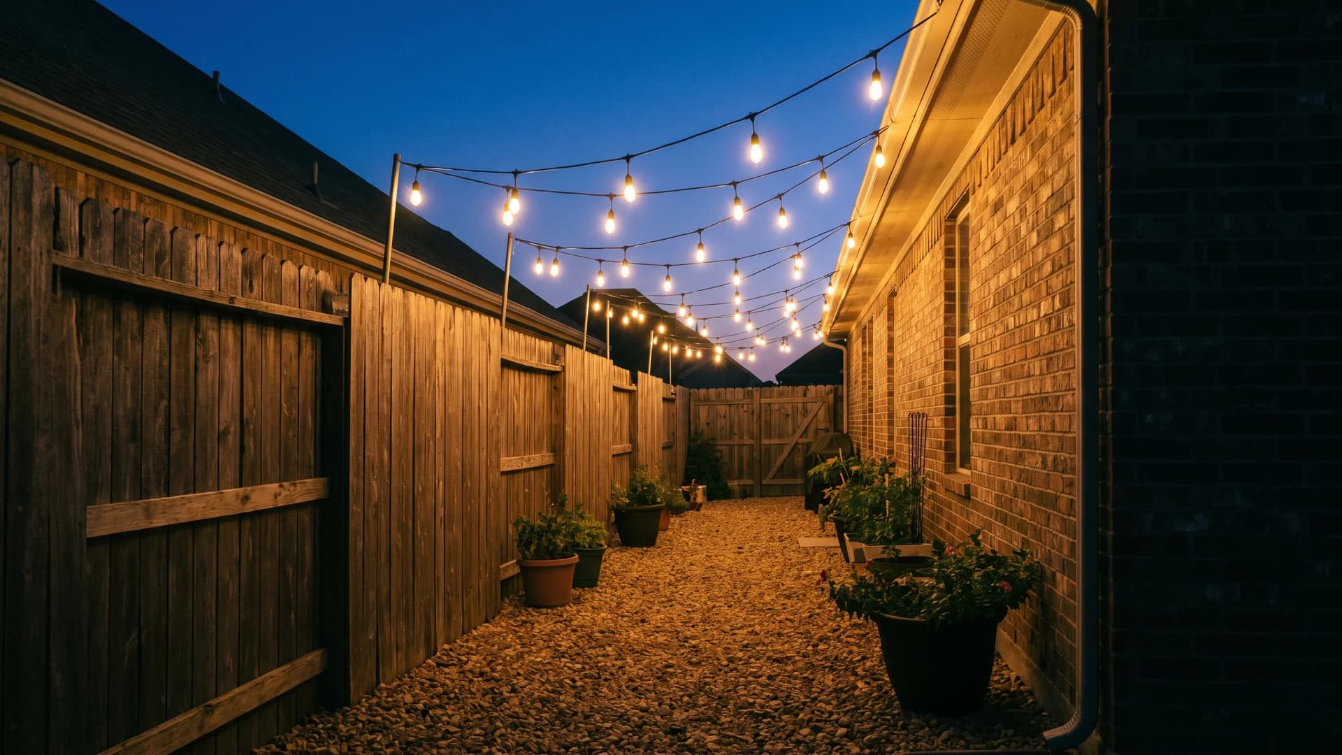 String lights zigzagging overhead down a narrow side yard at dusk