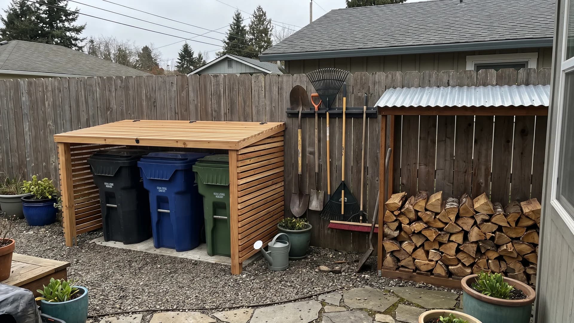 Neat storage wall in a side yard with screened bins and mounted tools