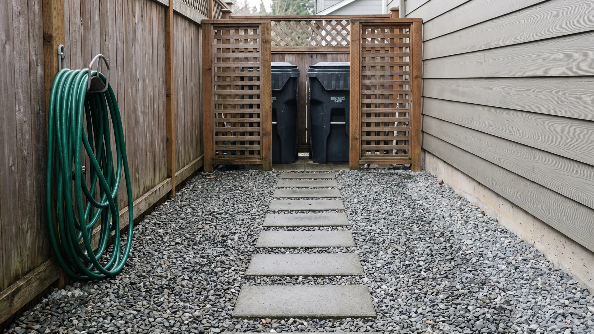 Gravel side yard path with concrete stepping stones and trash bins screened at the end