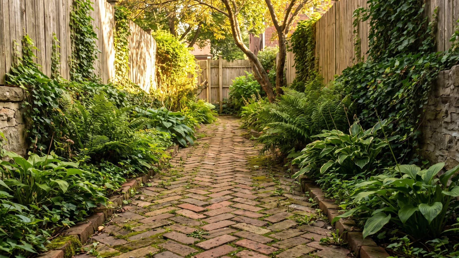 Herringbone brick path in a narrow side yard with green borders