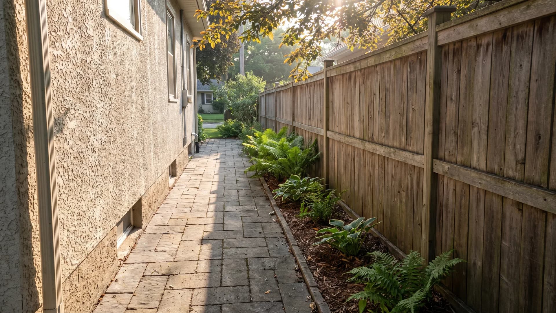 Side yard landscaping ideas starting with a three-foot-wide paver path down a narrow strip