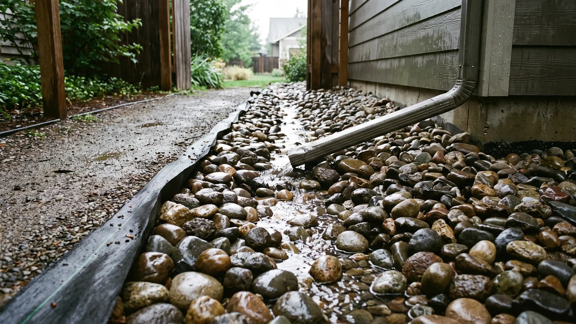 River rock drainage channel running down a side yard beside a path