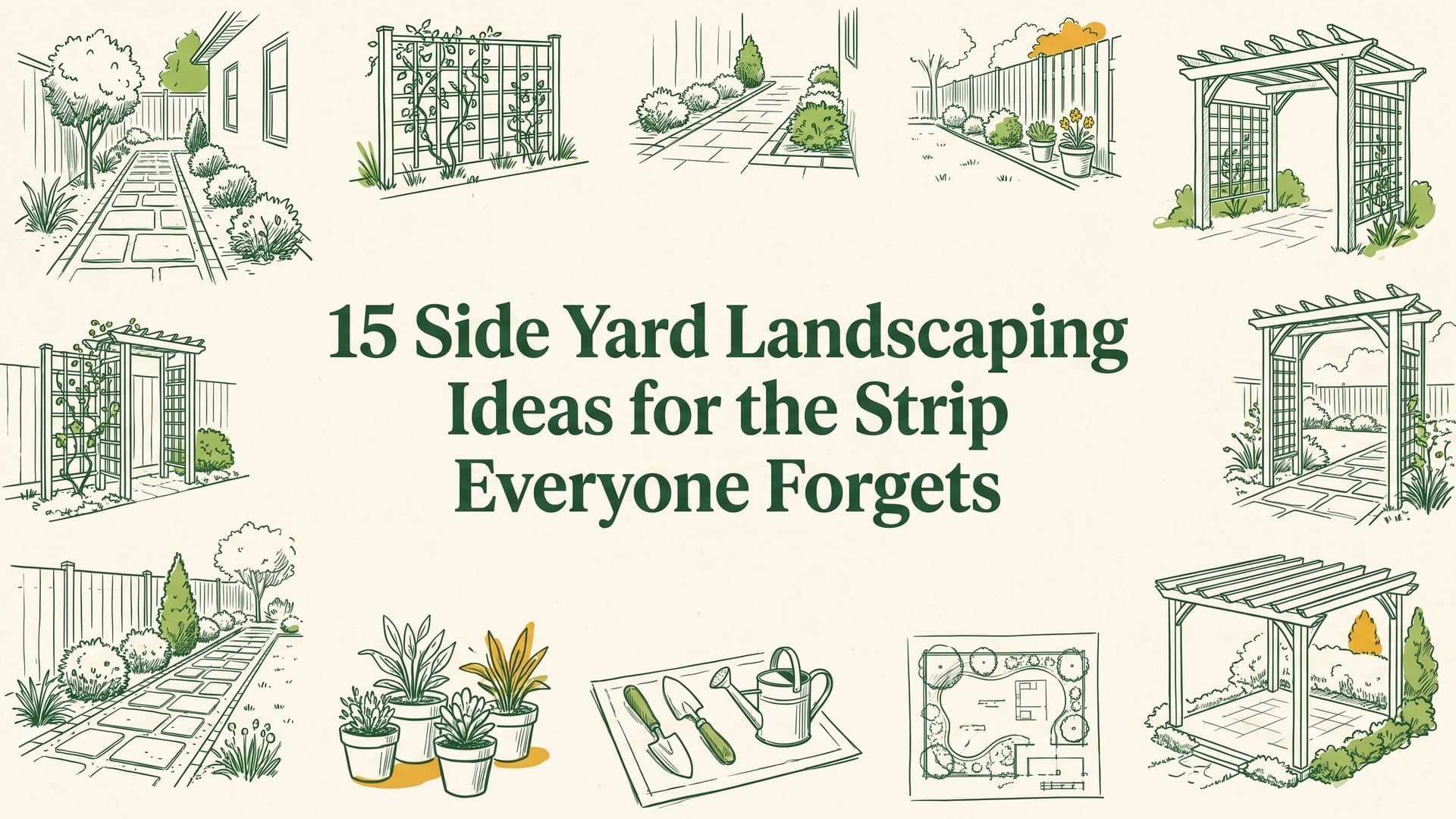 Side yard landscaping ideas showing a narrow gravel path with slim privacy plants and string lights