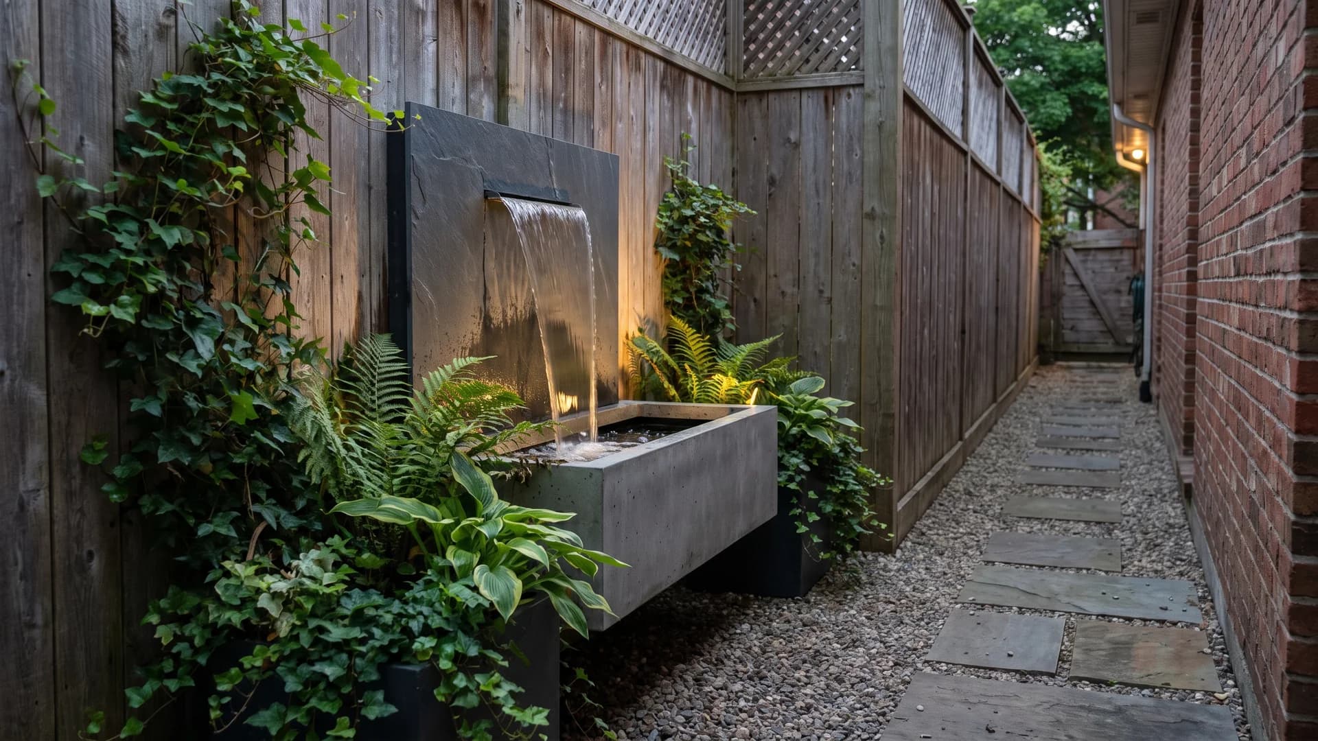 Slim wall fountain trickling in a narrow side yard passage