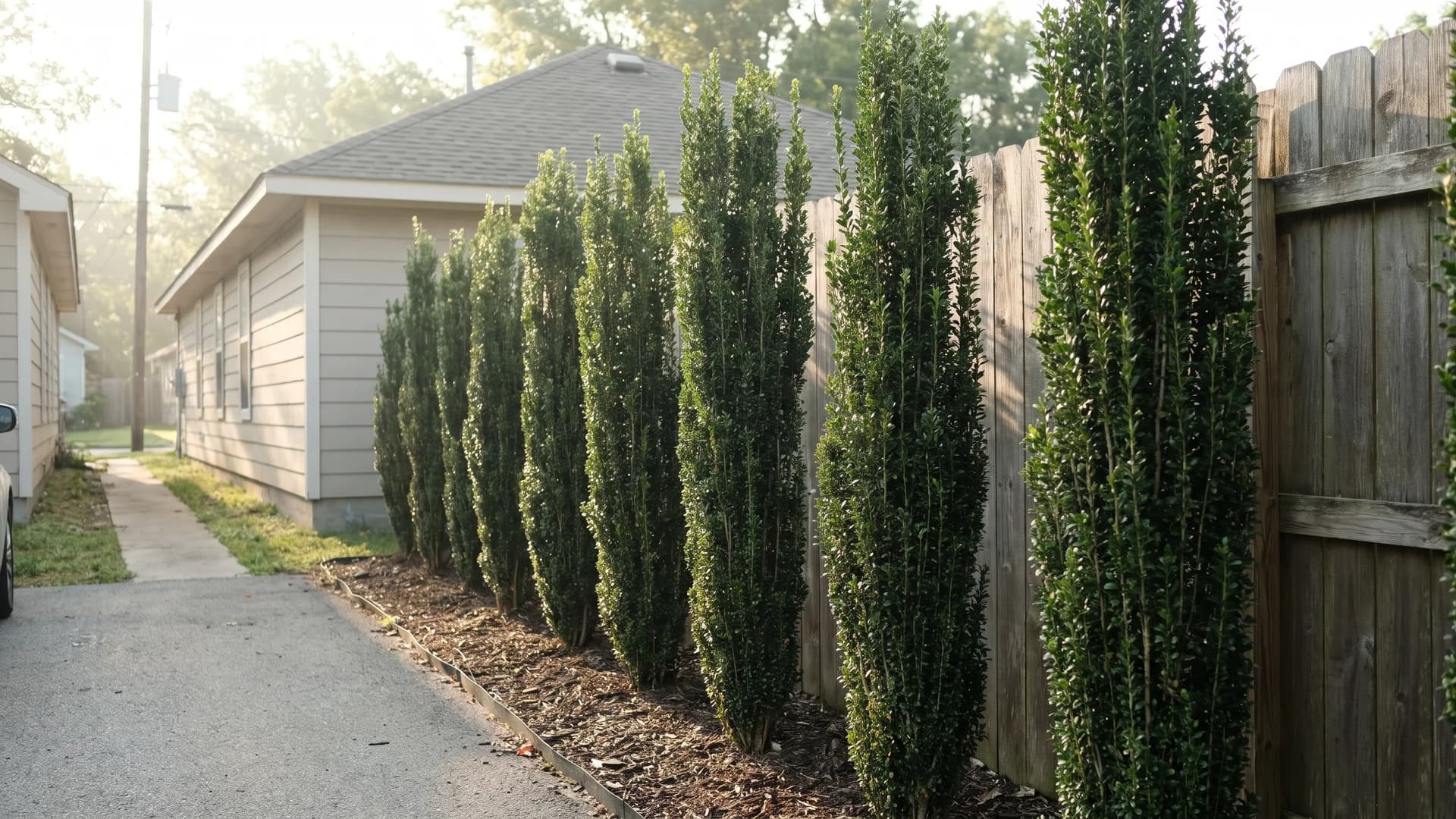 Slender upright privacy plants along a side yard fence in a narrow bed