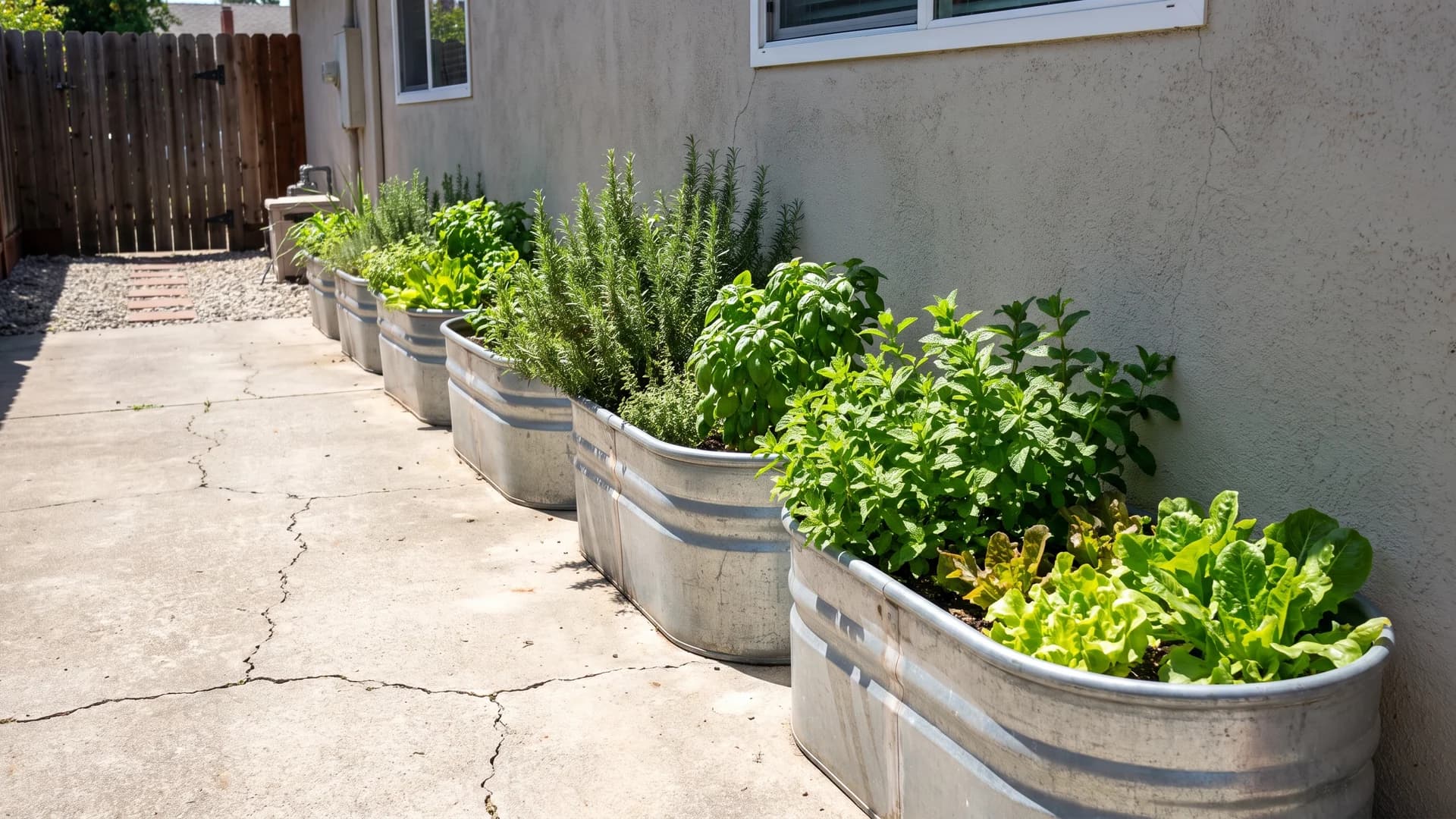 Row of galvanized trough planters with herbs along a side yard wall