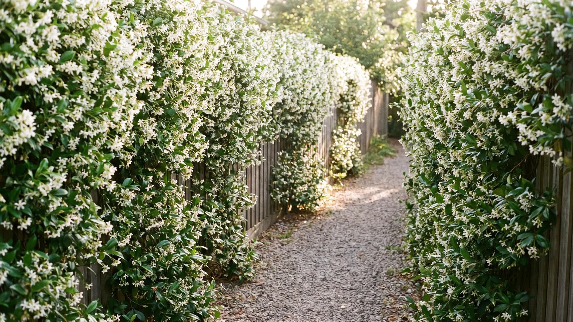 Star jasmine vine covering a side yard fence in bloom