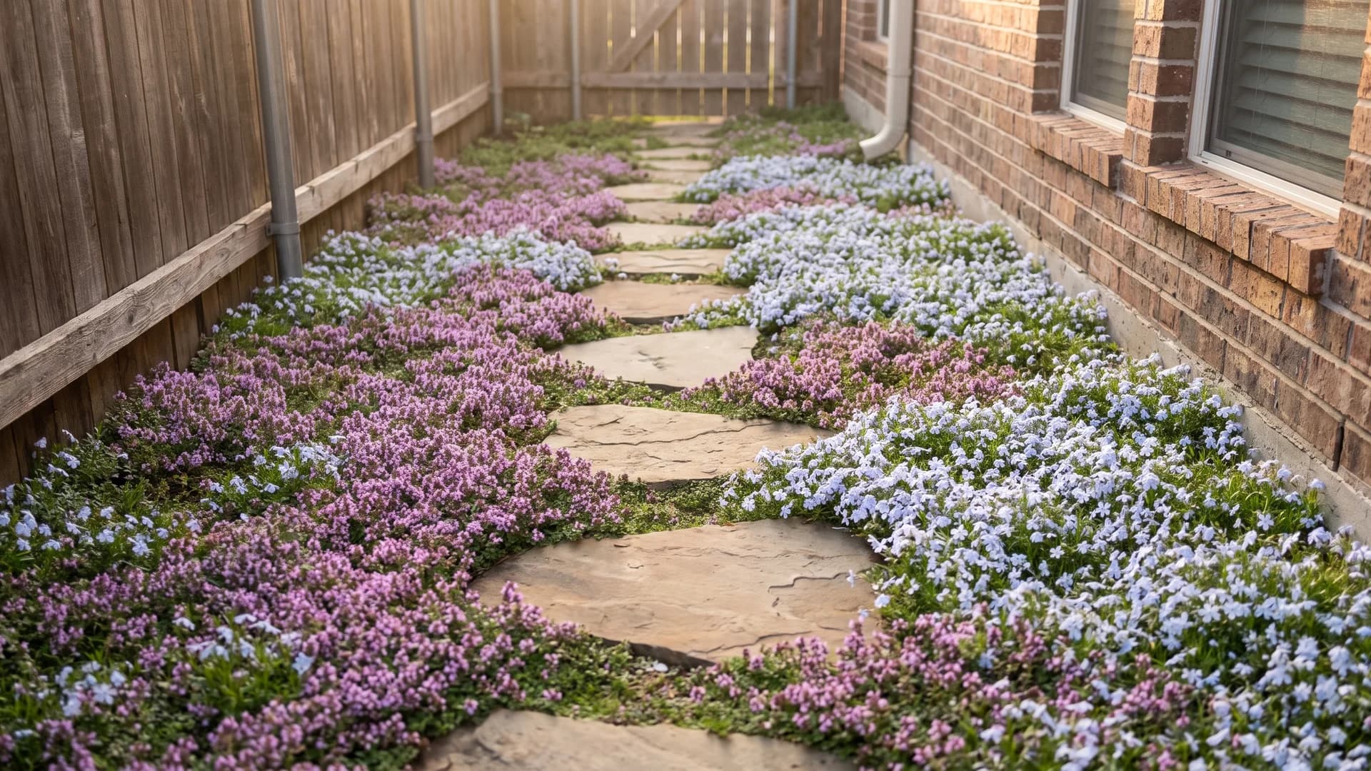 Creeping thyme and blue star creeper replacing grass between steppers in a side yard