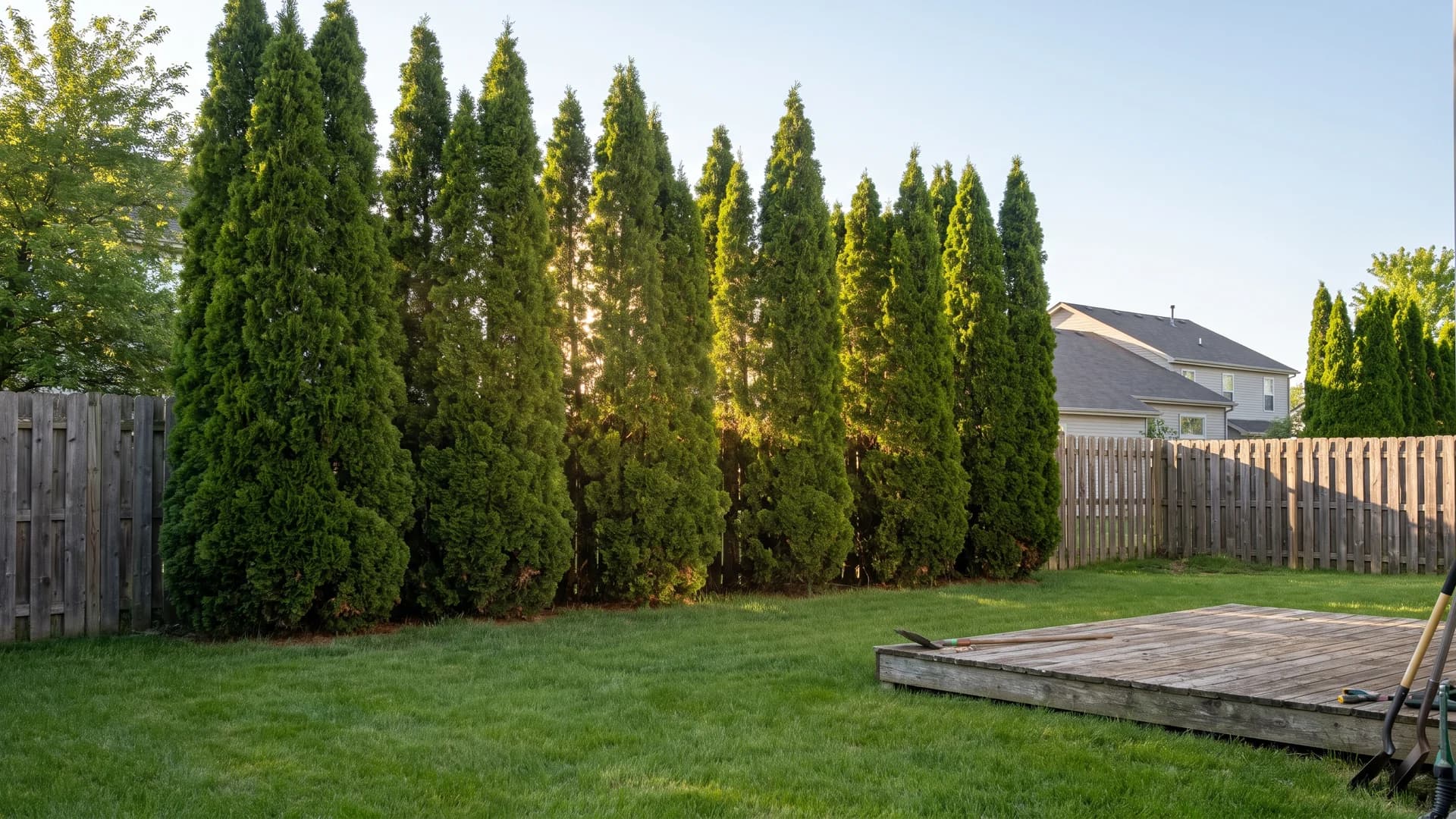 Simple fence line landscaping ideas with a row of Green Giant arborvitae screening a back fence