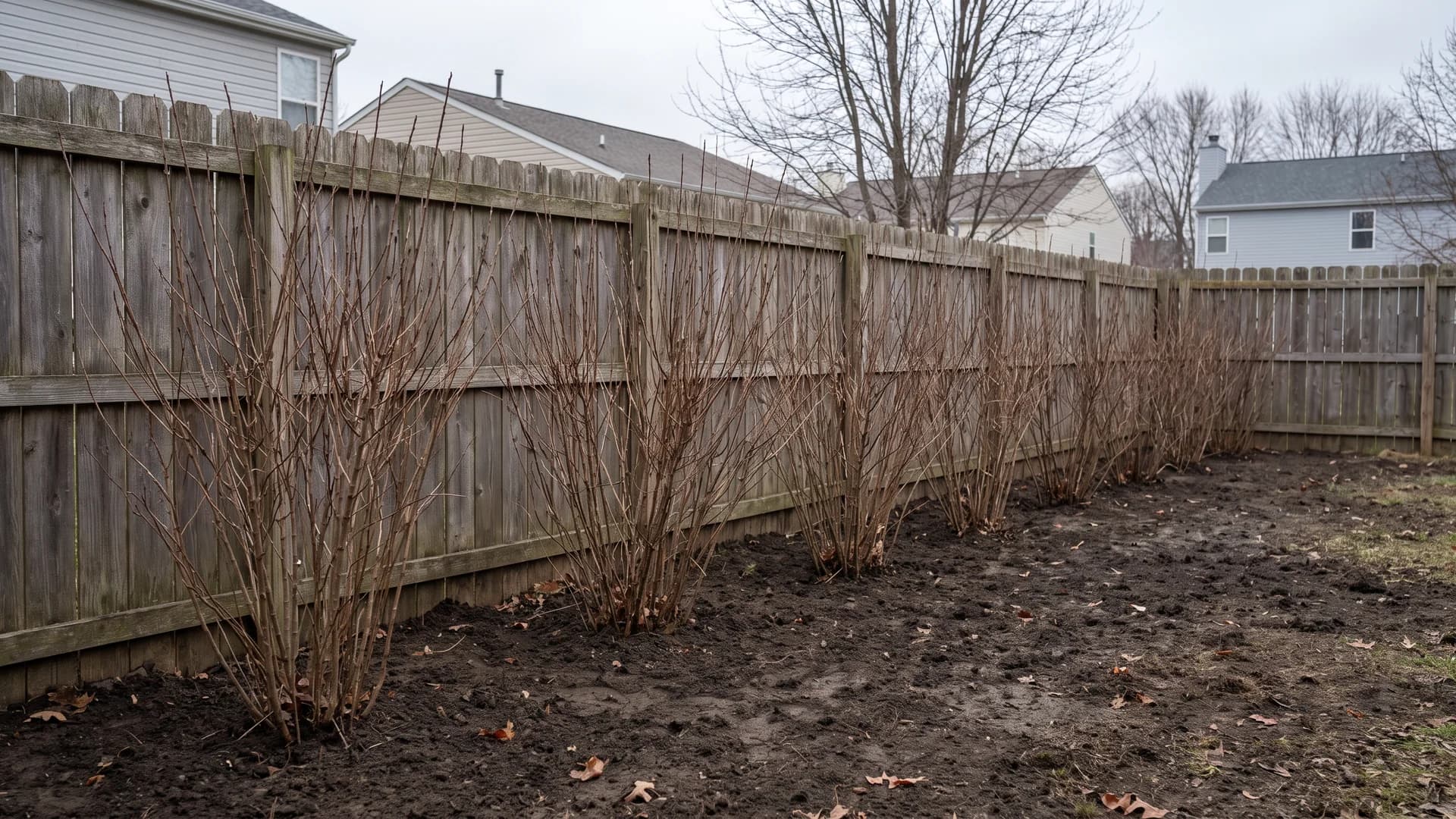 Bare root hedging whips planted in a staggered double row along a fence