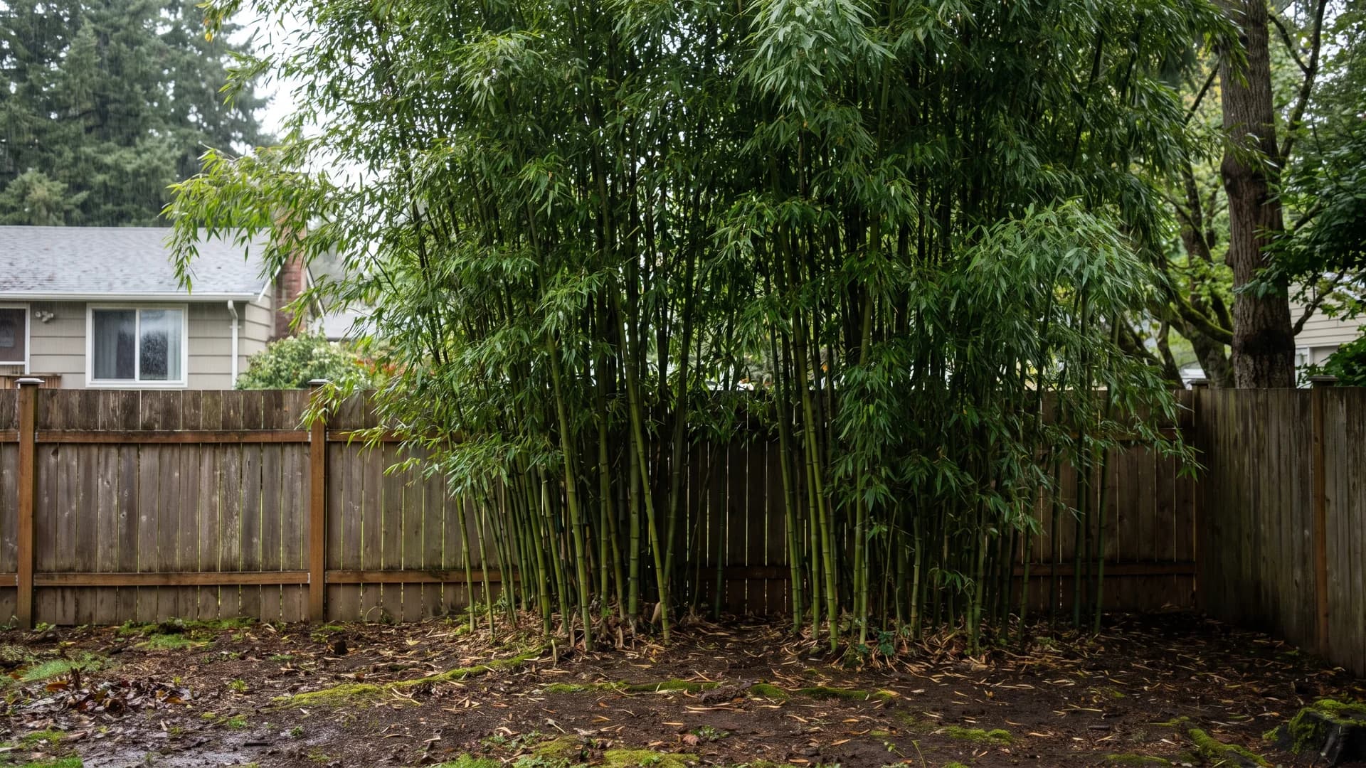 Clumping bamboo screen growing behind a low fence in a shaded yard