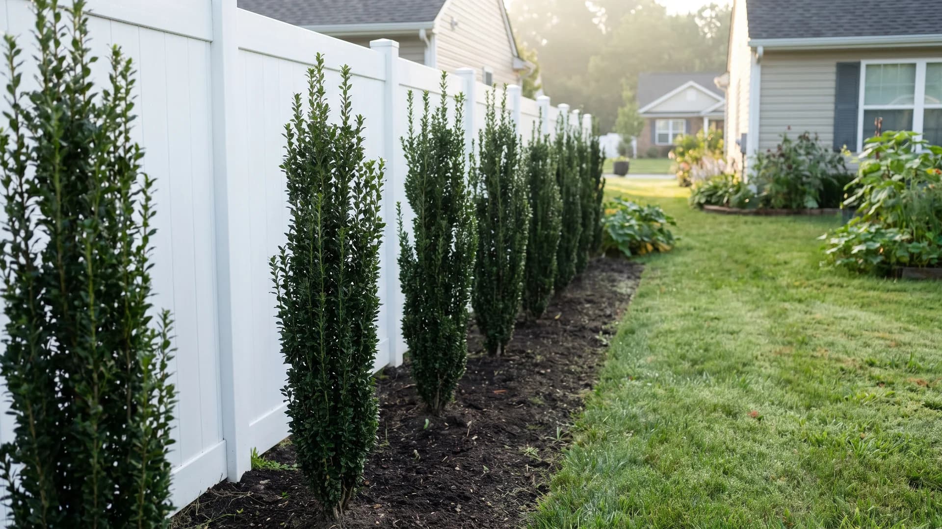 Narrow columnar Sky Pencil hollies planted in a two foot strip beside a fence