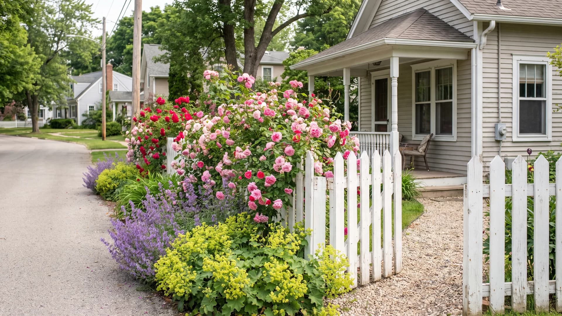 Roses and catmint spilling over a white picket fence in a cottage garden