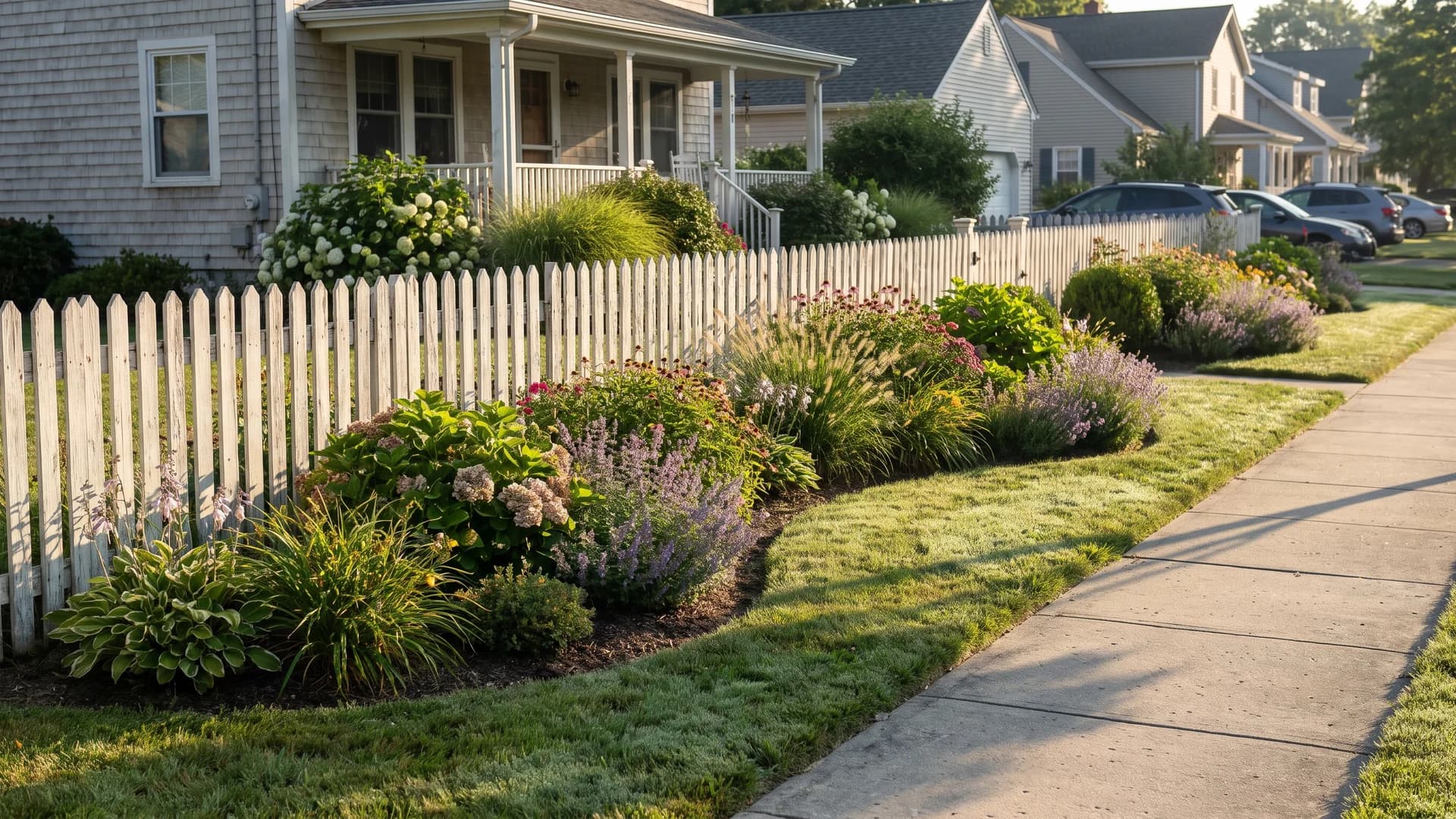 Curved planting bed softening a straight white fence at the front of a property