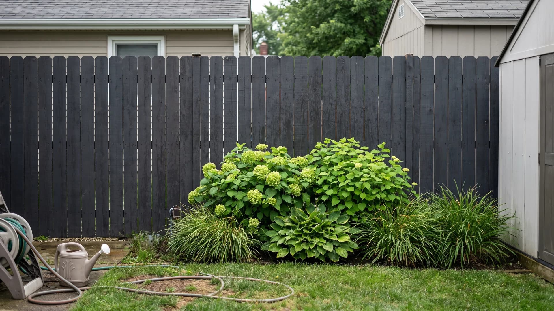 Charcoal stained fence acting as a dark backdrop for green foliage