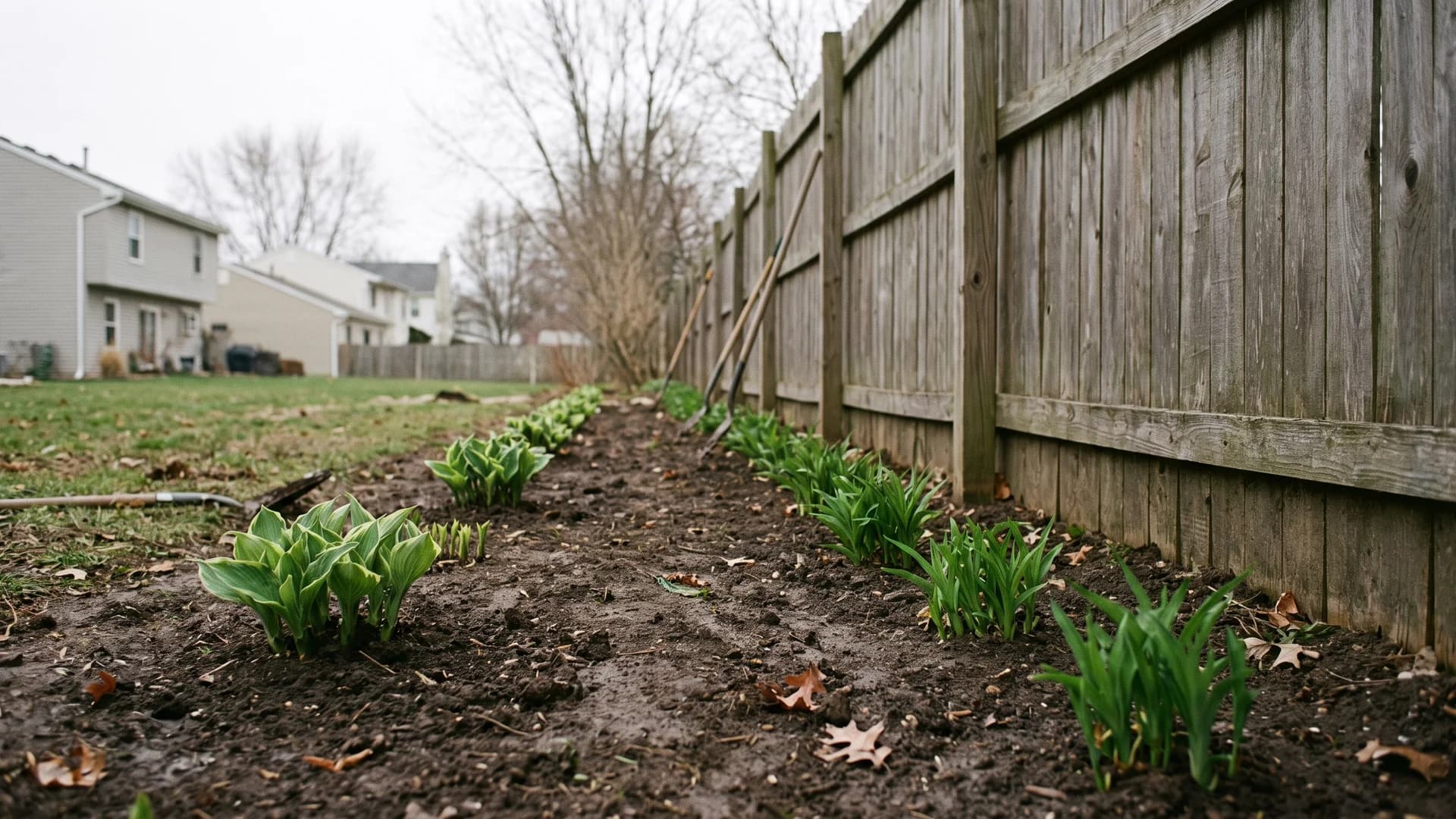 Divided hostas and daylilies newly planted along a shaded fence line