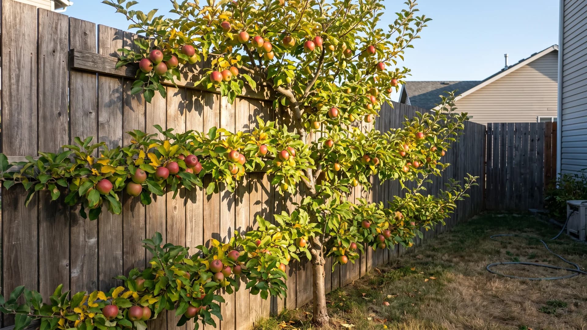 Apple tree espaliered in horizontal tiers against a sunny fence