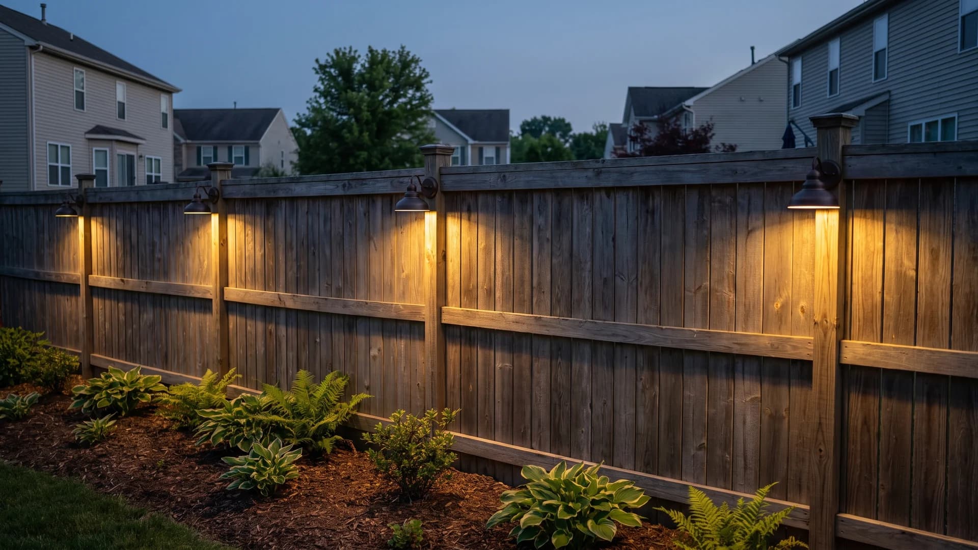 Low voltage sconces washing warm light down fence boards after dark