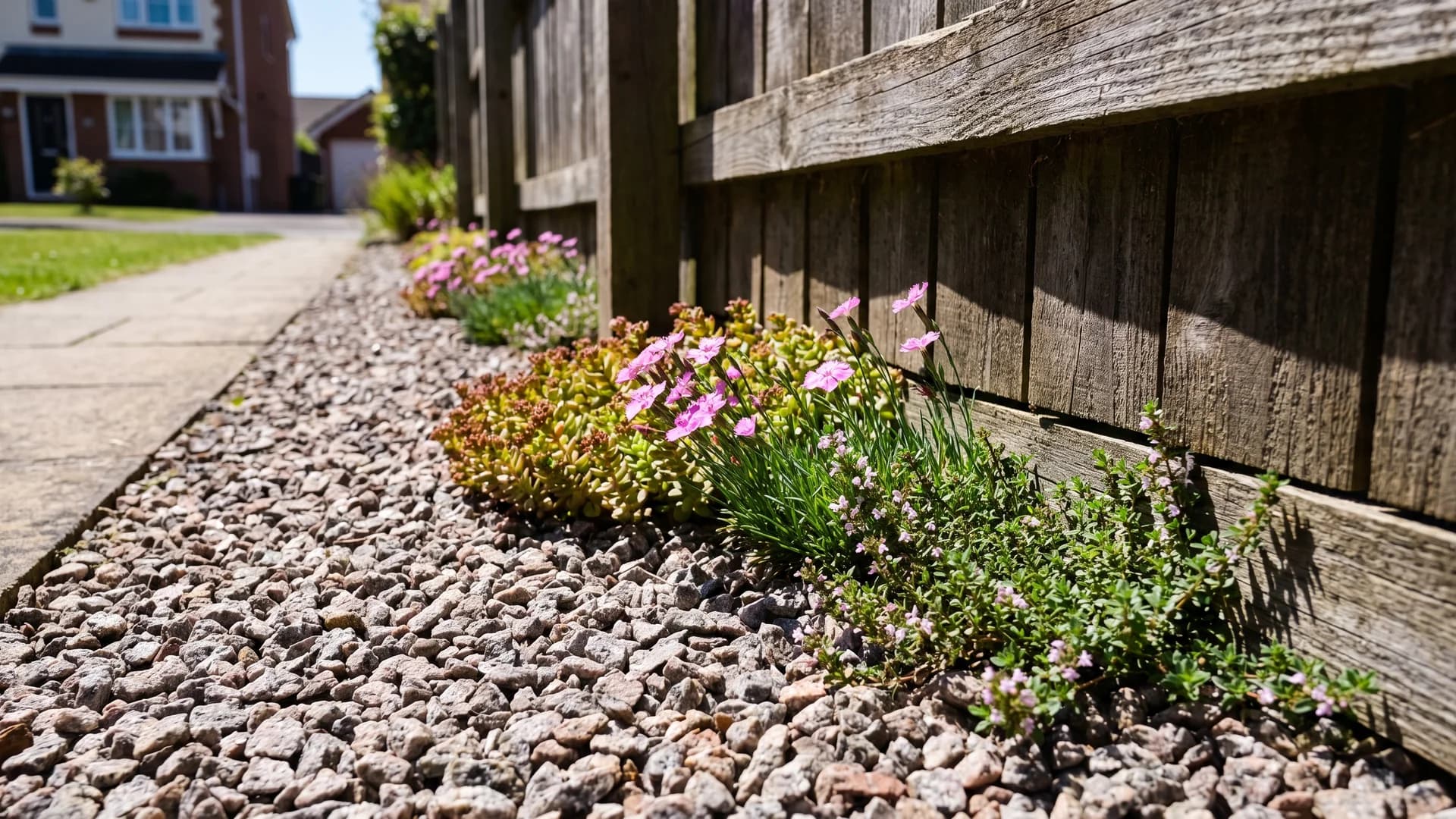 Drought tolerant plants growing directly in a narrow gravel strip beside a fence