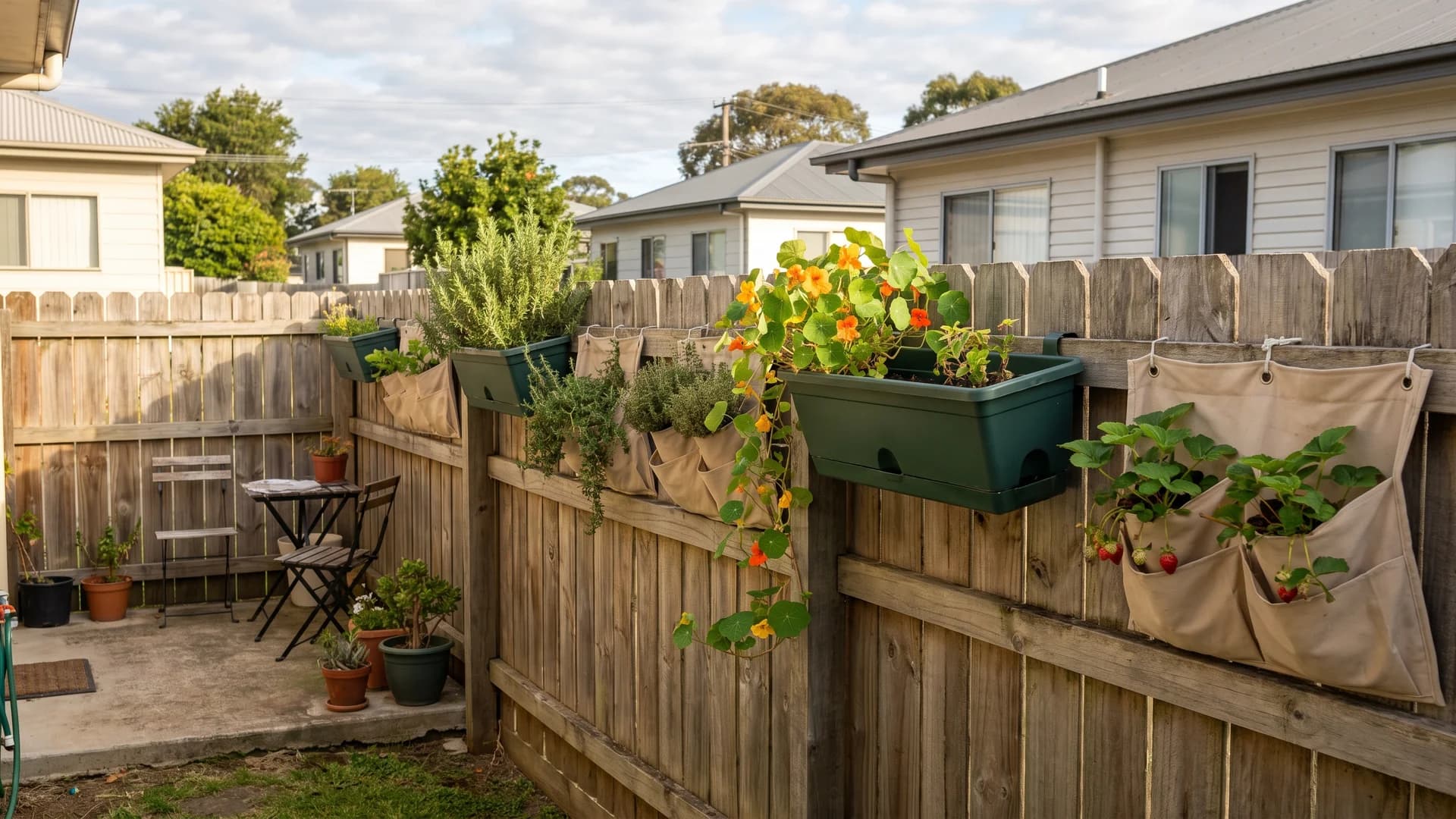 Self watering planters hung along the top rail of a wooden fence