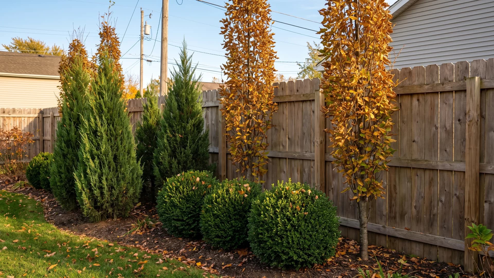 Mixed evergreen border of juniper, boxwood, and columnar hornbeam along a wooden fence