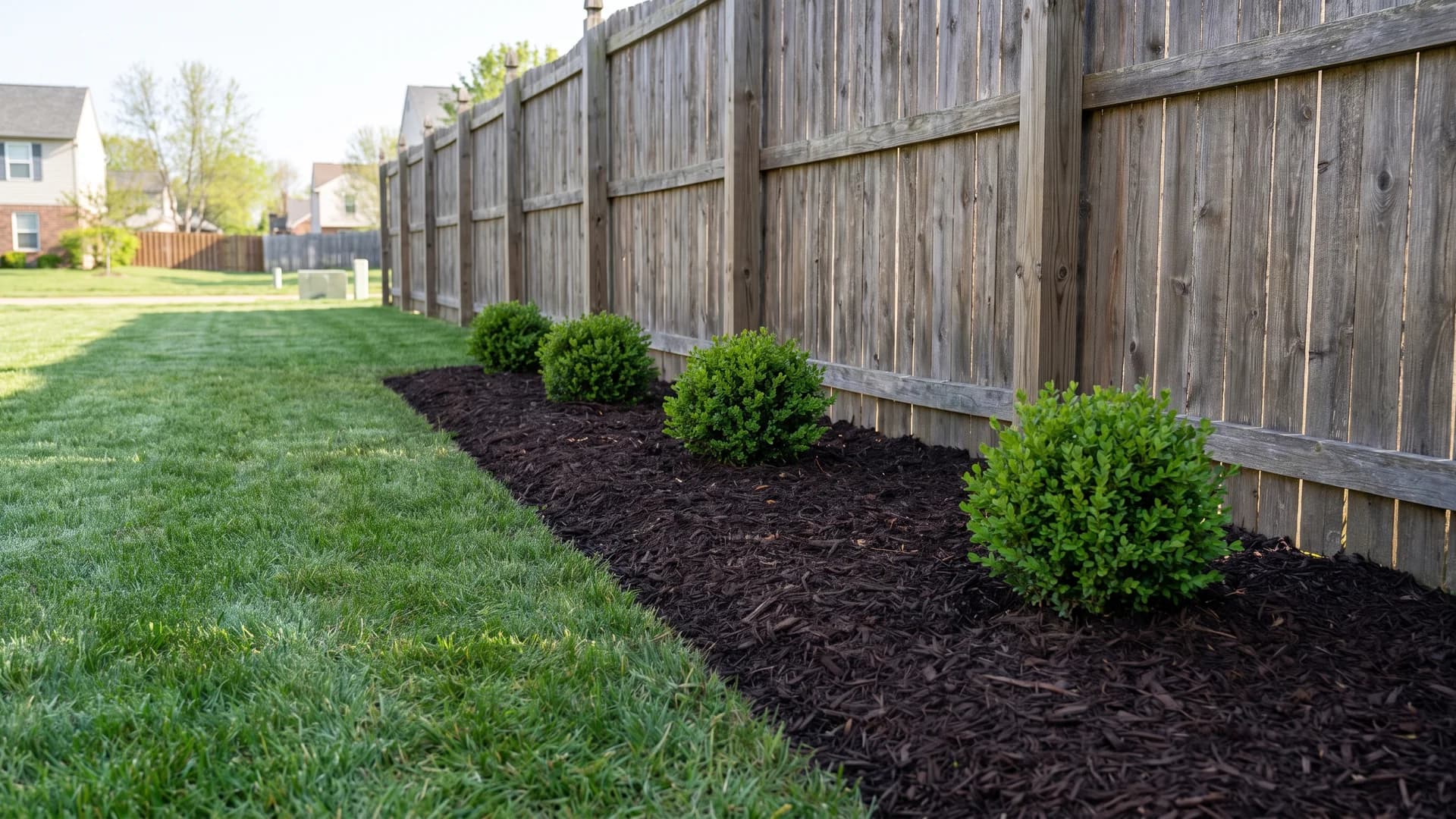 Simple mulch ribbon with low shrubs running the length of a plain fence