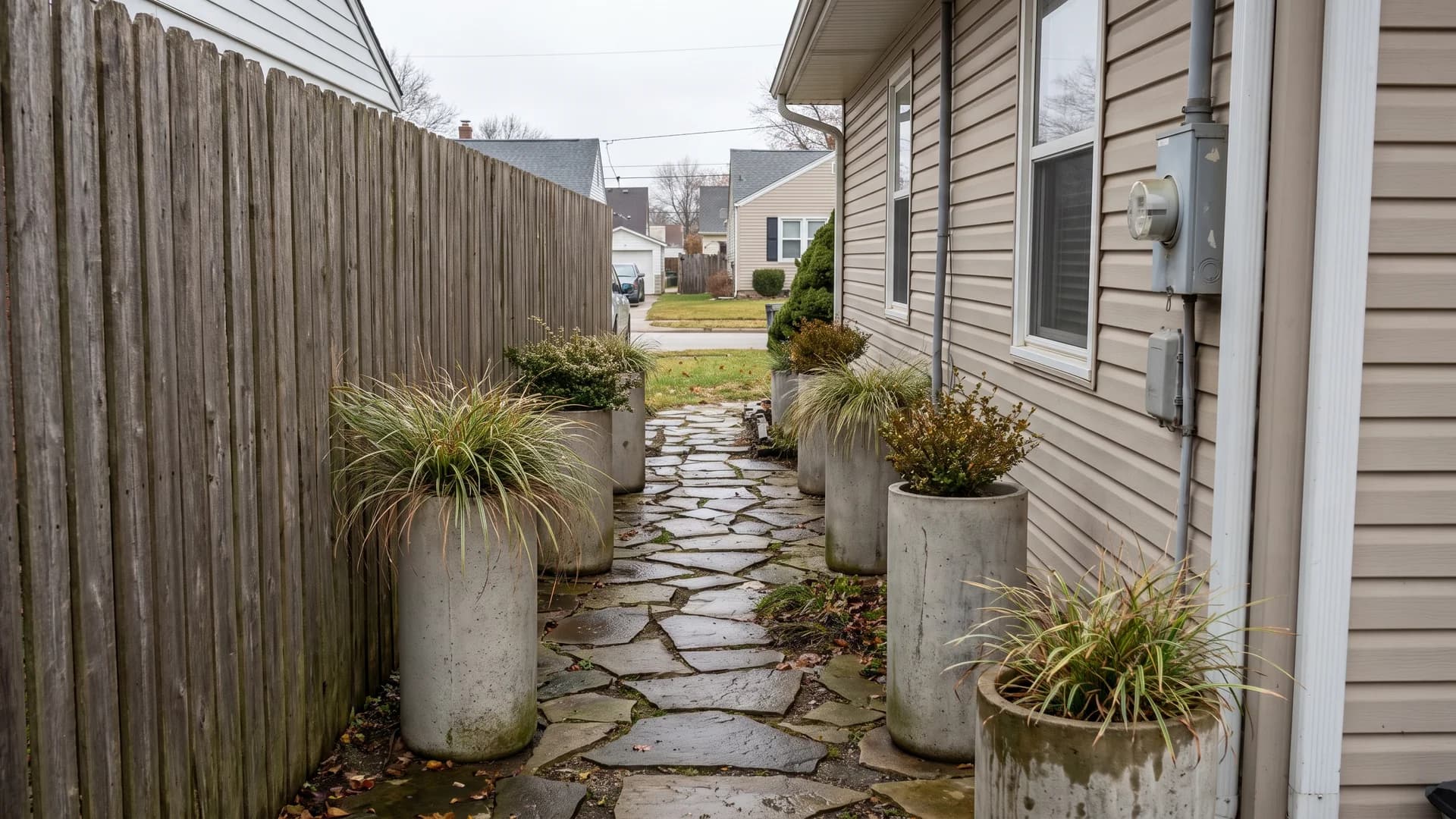 Tall cylinder planters and stepping stones in a narrow passage between a fence and a wall