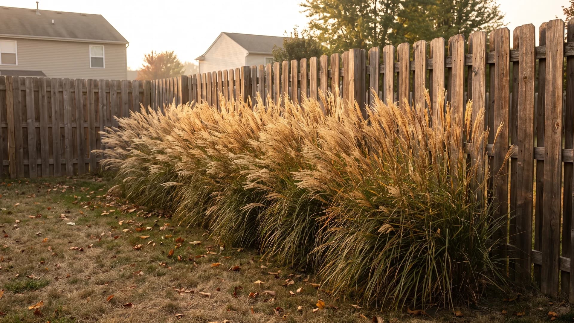 Feather reed grass planted in a long ribbon beside a cedar fence at sunset