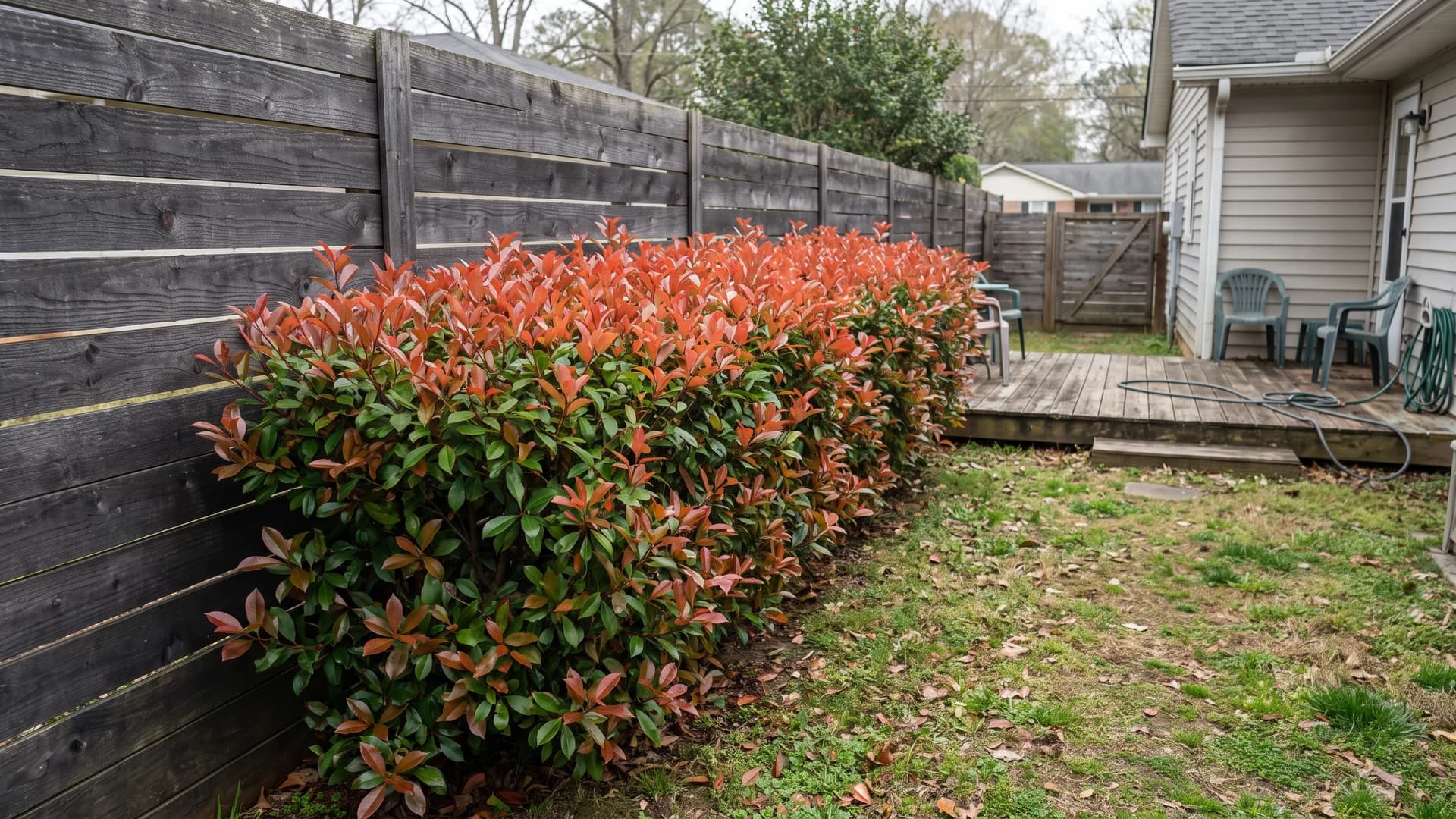 Red tip photinia hedge with copper new growth against a charcoal stained fence