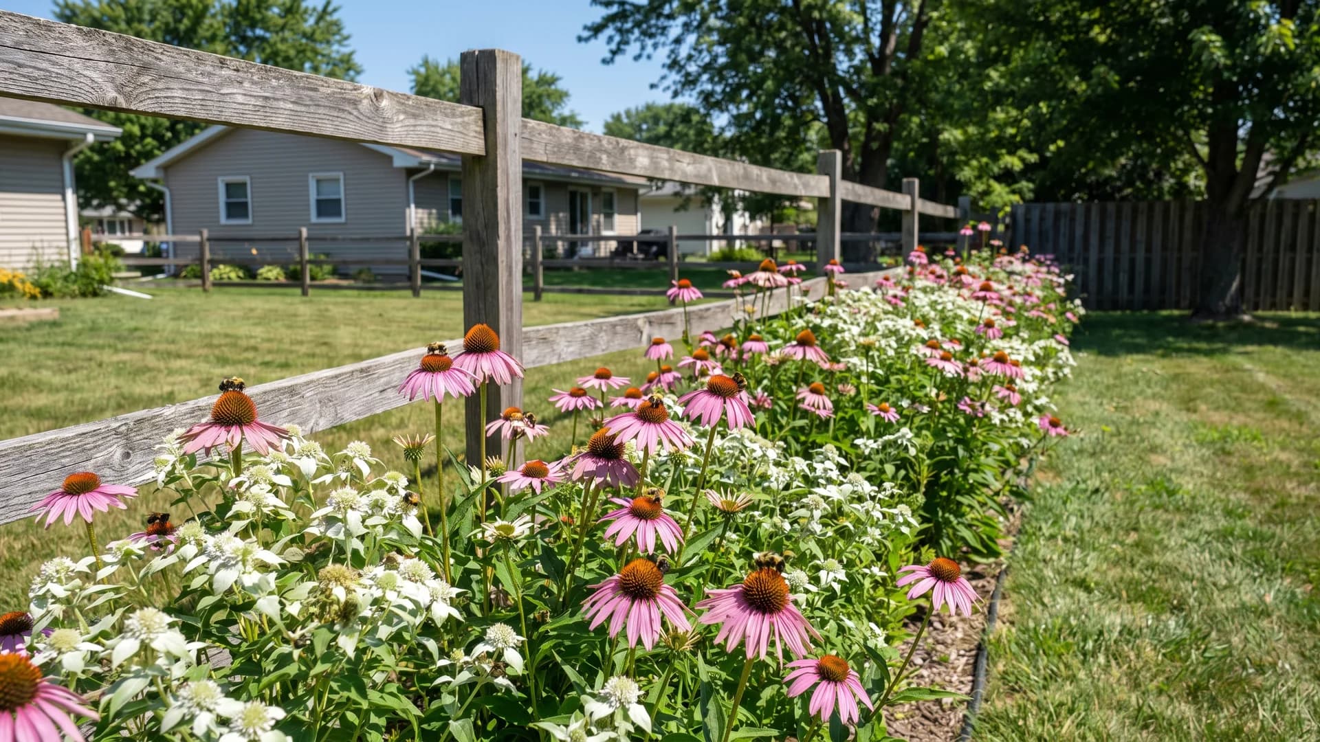 Native perennial pollinator planting along an open rail fence in summer