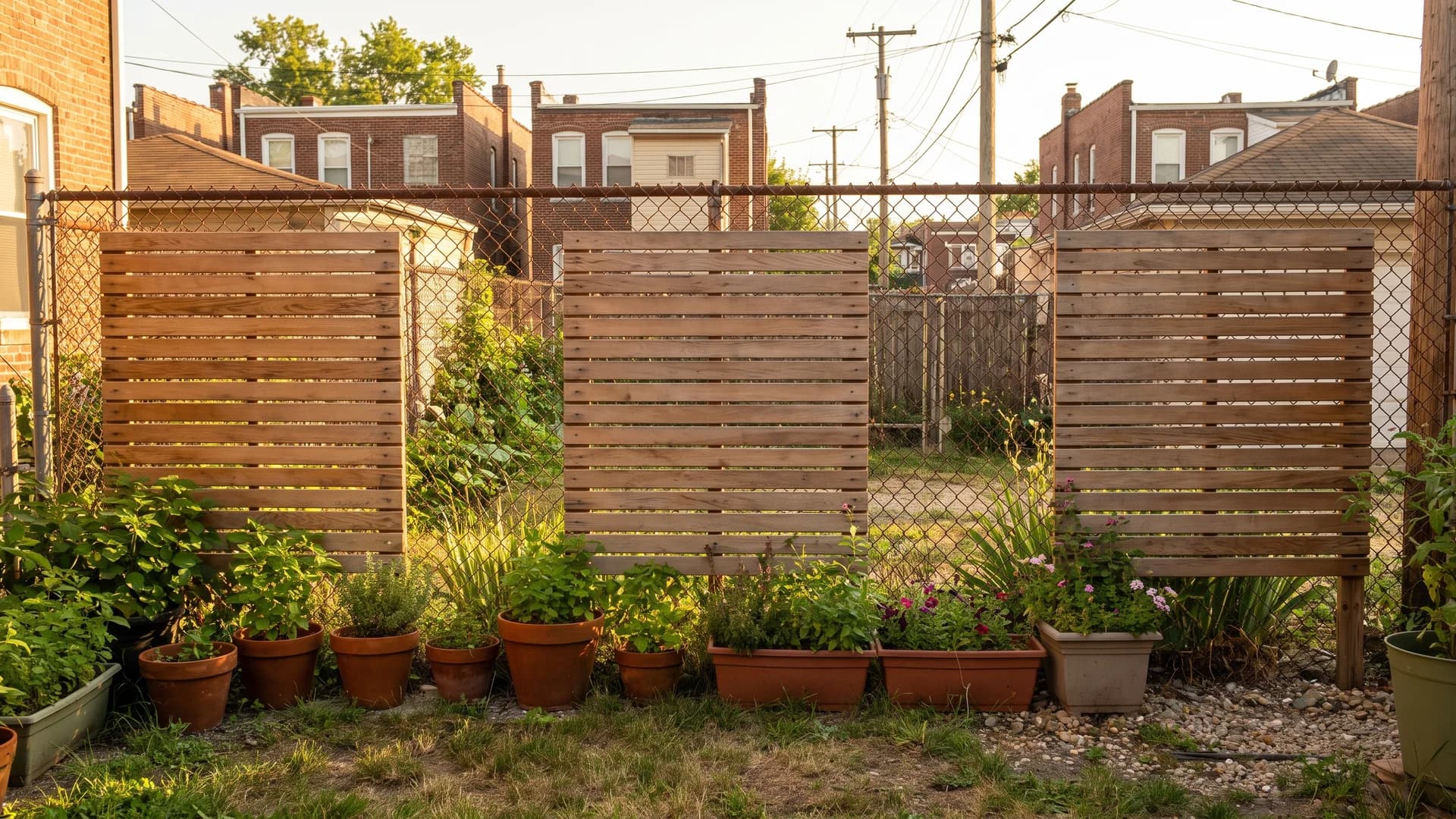 Horizontal slat panels installed over an old chain link fence